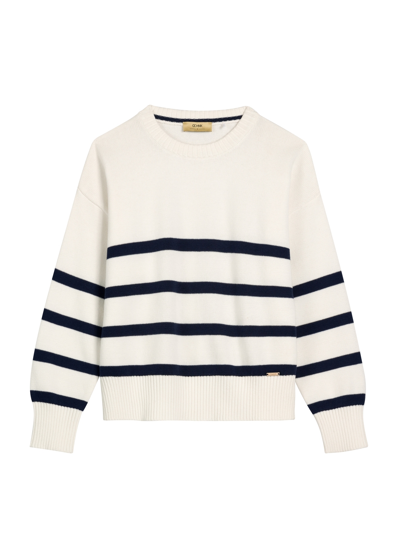 Cream women's striped sweater SWEDT-0258-0B(W26), front product view on white background.