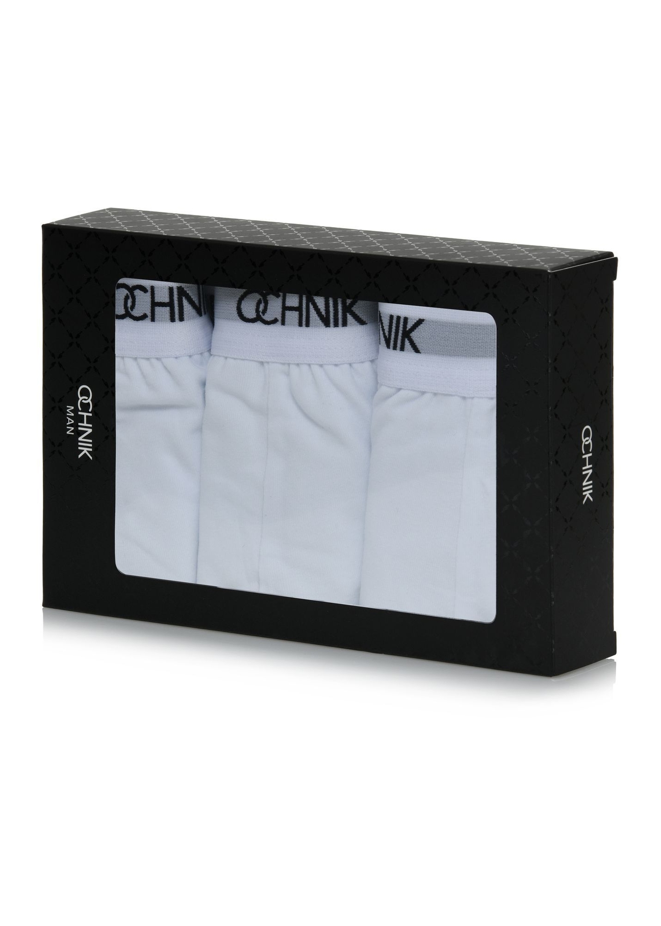 Three-pack of white men's briefs ZESMS-0003-0A(W26), view of the product in the packaging on a white background.