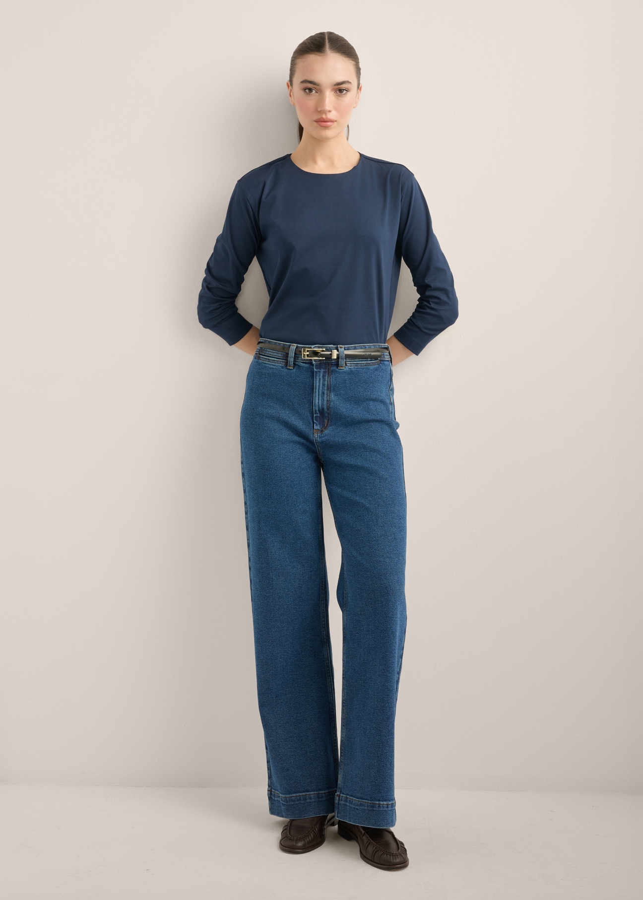 Women's navy blue cotton blouse LSLDT-0060-7E(Z26), front view of the product on the model. Full body visible.