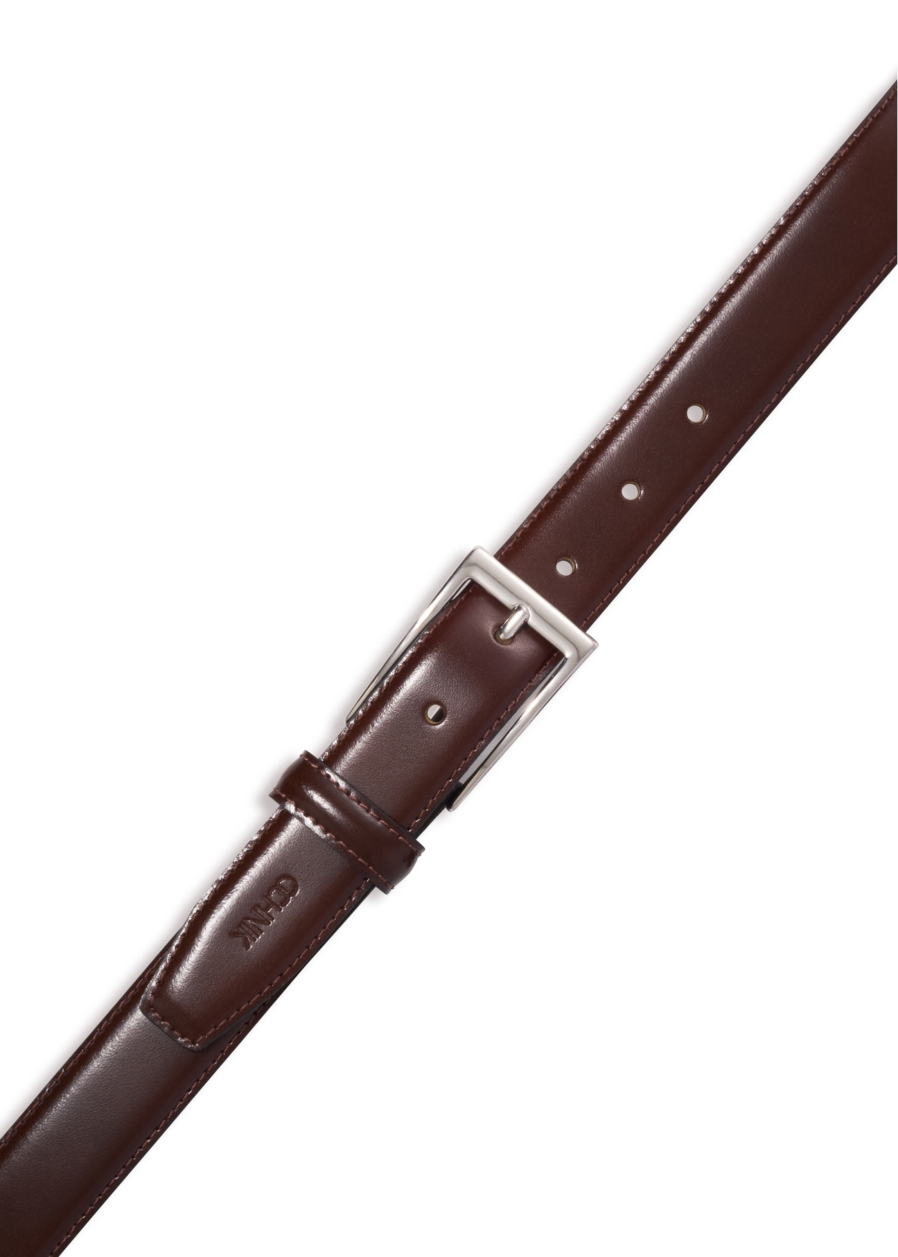 Brown men's leather belt PASMS-0244-1I(Z26), view of the clasp of the product on a white background.