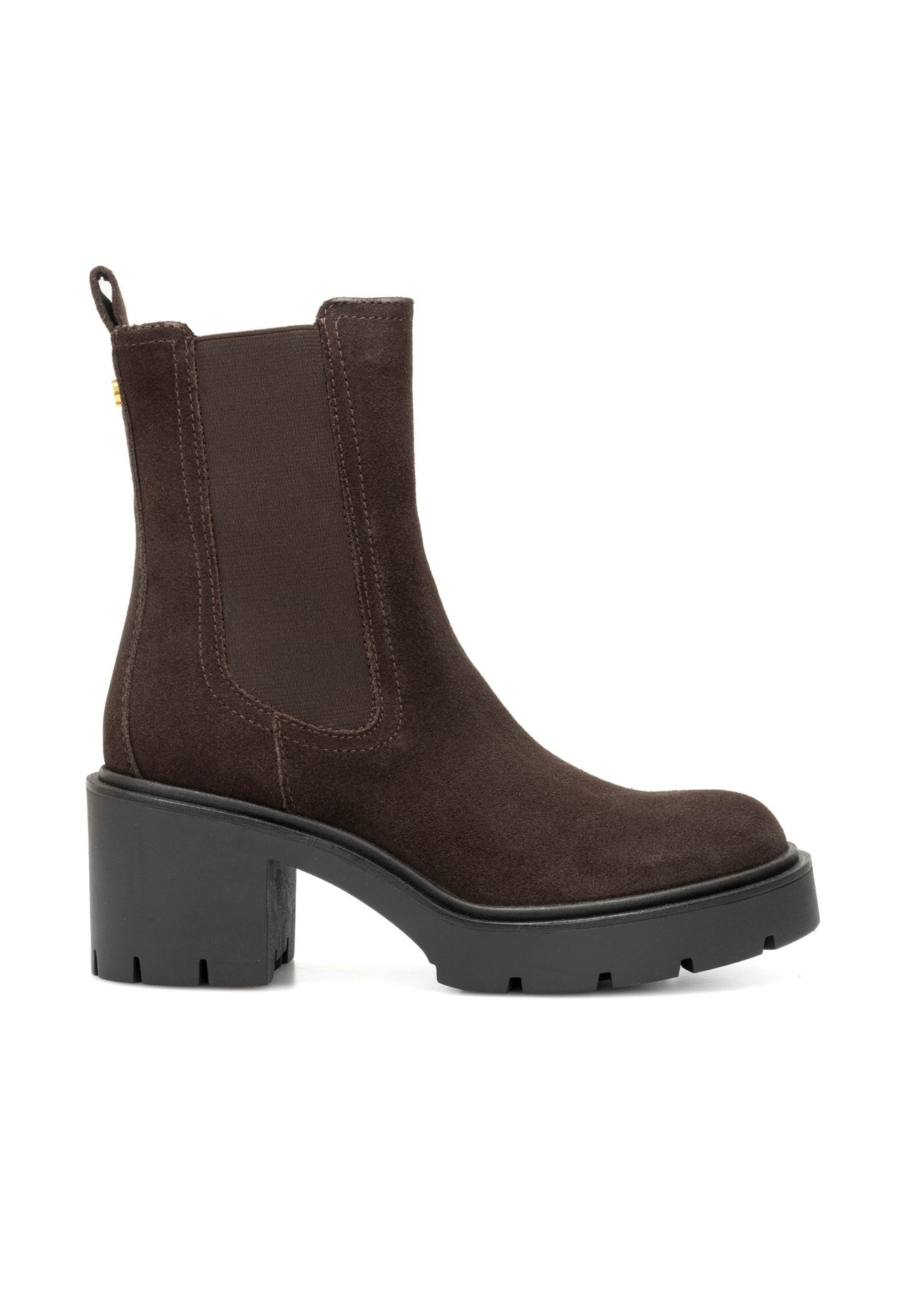 Dark brown suede women's high-heeled ankle boots BUTYD-1094-1I(Z26), product view from the side on a white background.