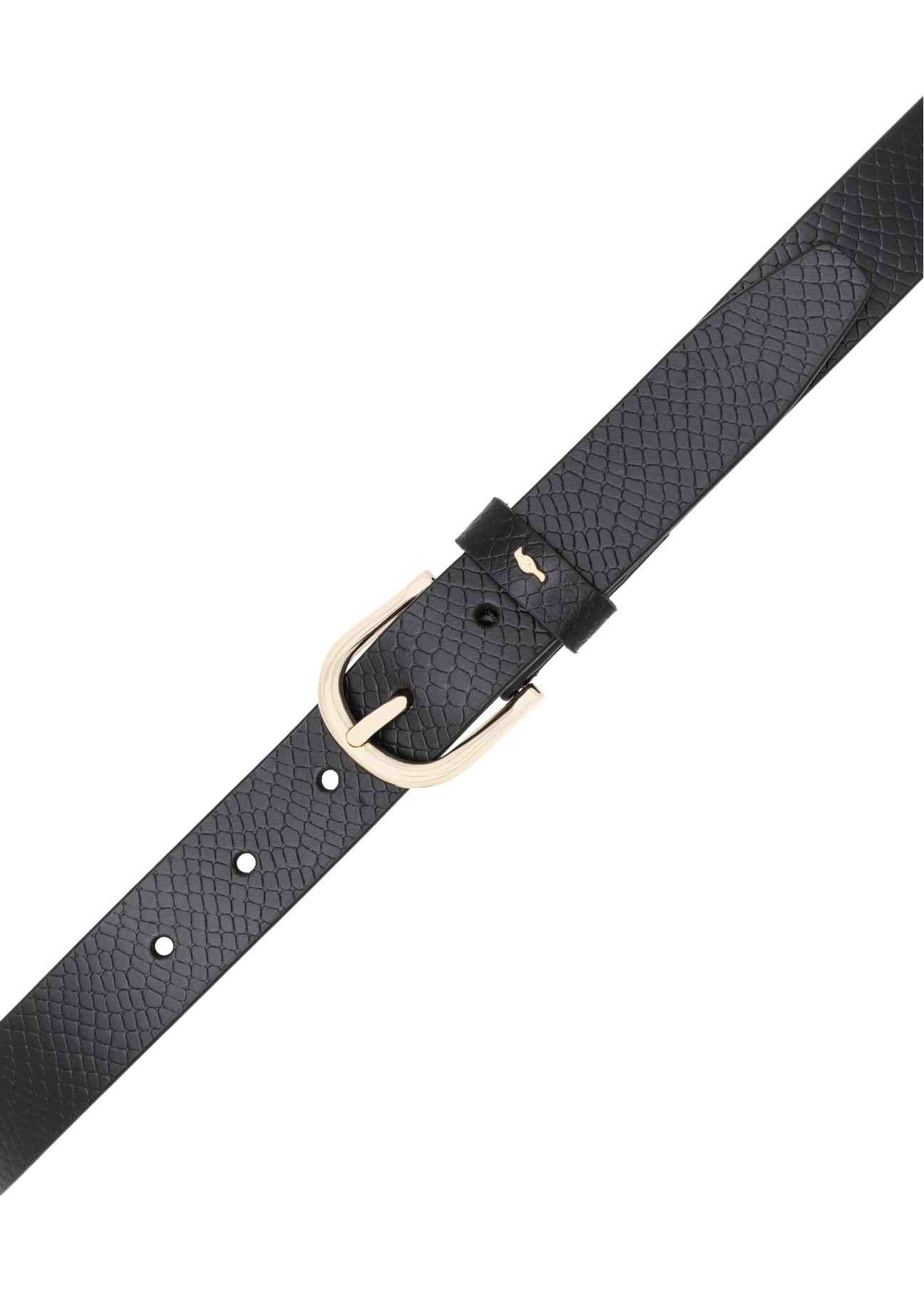 Black leather women's belt PASDS-0333-99(Z25), view of the buckle of the product on a white background.