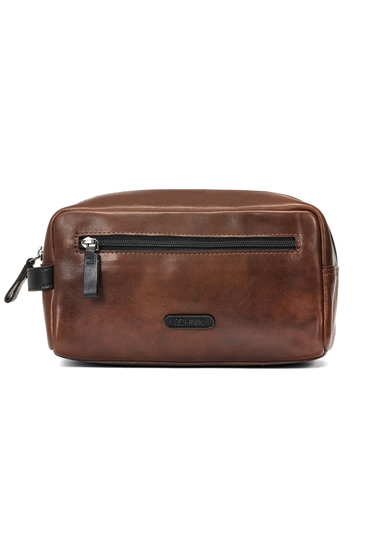 Men's brown leather cosmetic bag TORMS-0106-1H(W26), front product view on white background.