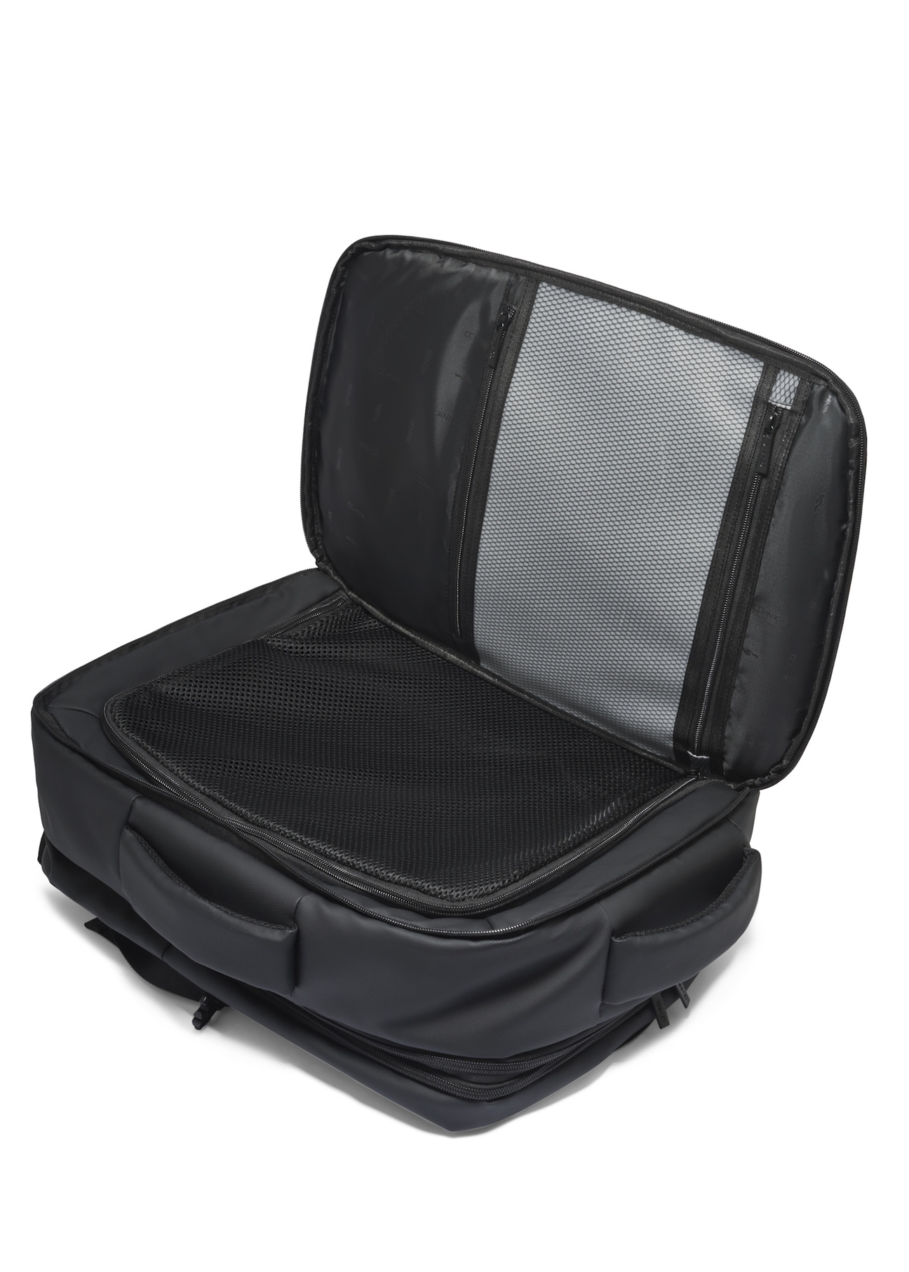Black large travel backpack PLCMN-0018-99(Z26), product view inside on white background.