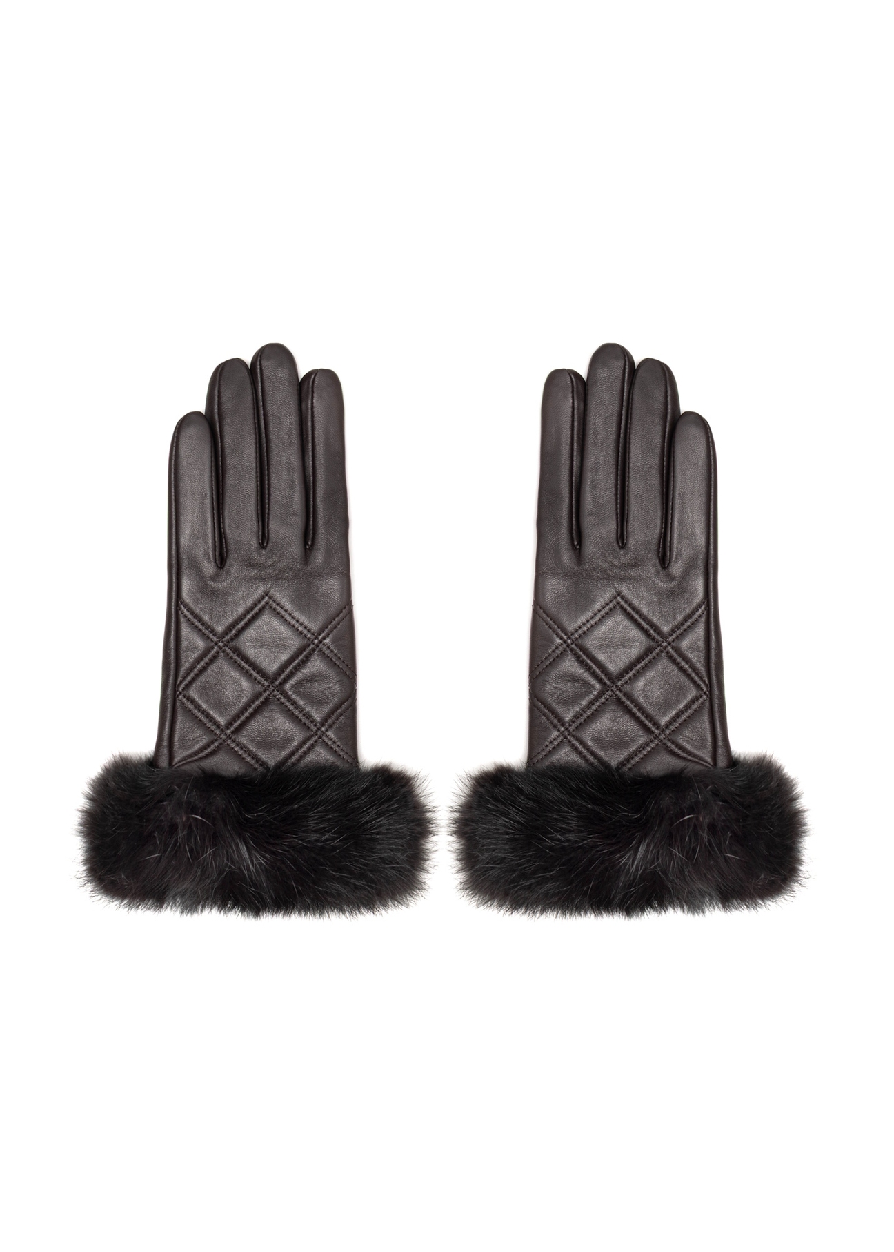 Women's leather gloves with rabbit fur REKDS-0071A-1I(Z26), front view on a white background.