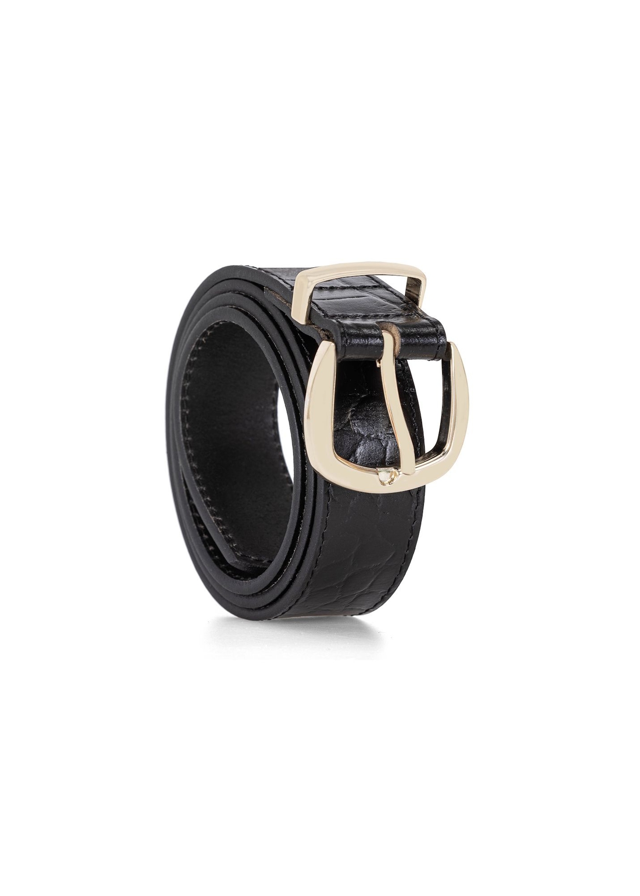 Black croco women's leather belt PASDS-0322-9G(W26), diagonal product view on white background.