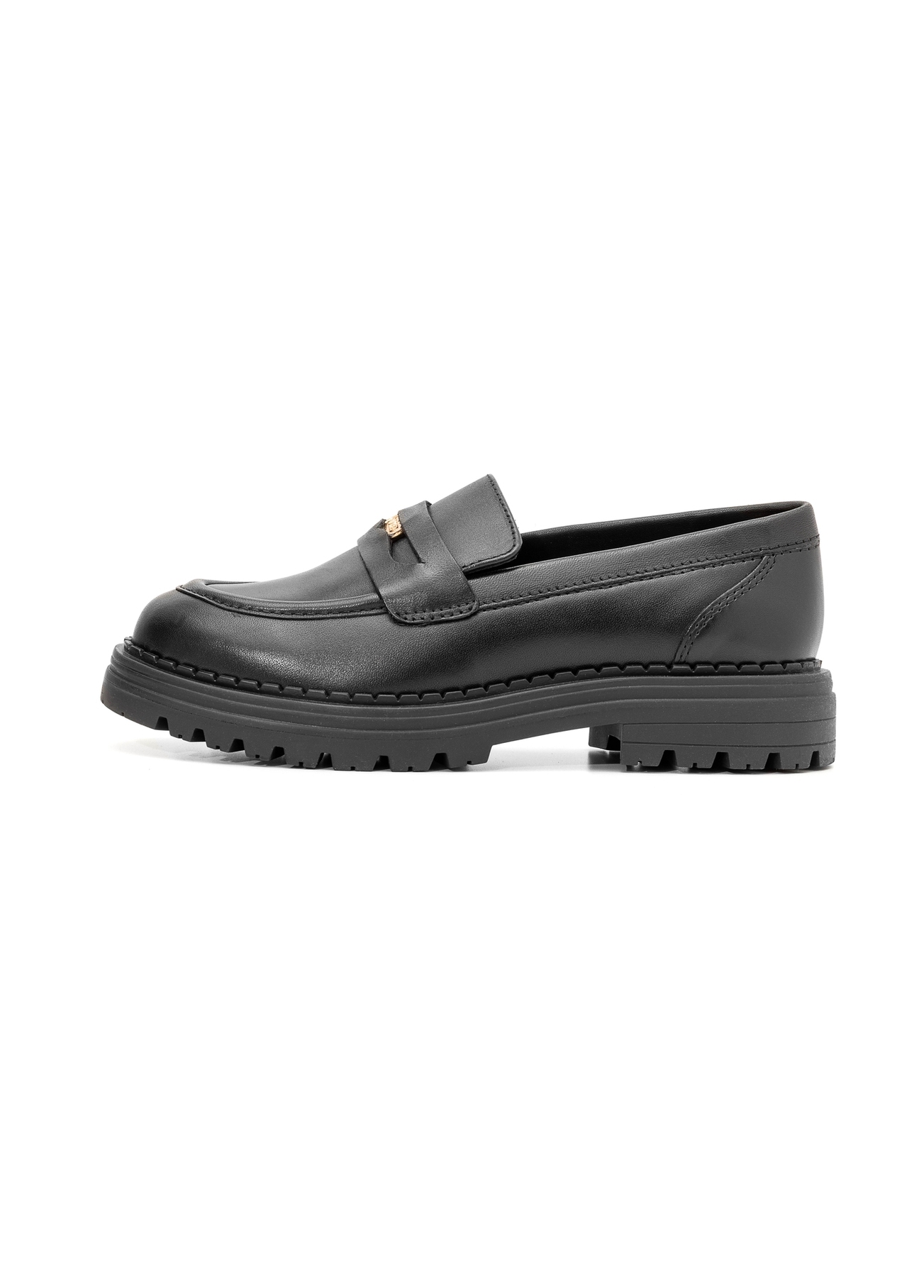 Women's black leather moccasins with logo BUTYD-1197-99(Z25), side view of the product on a white background.-02