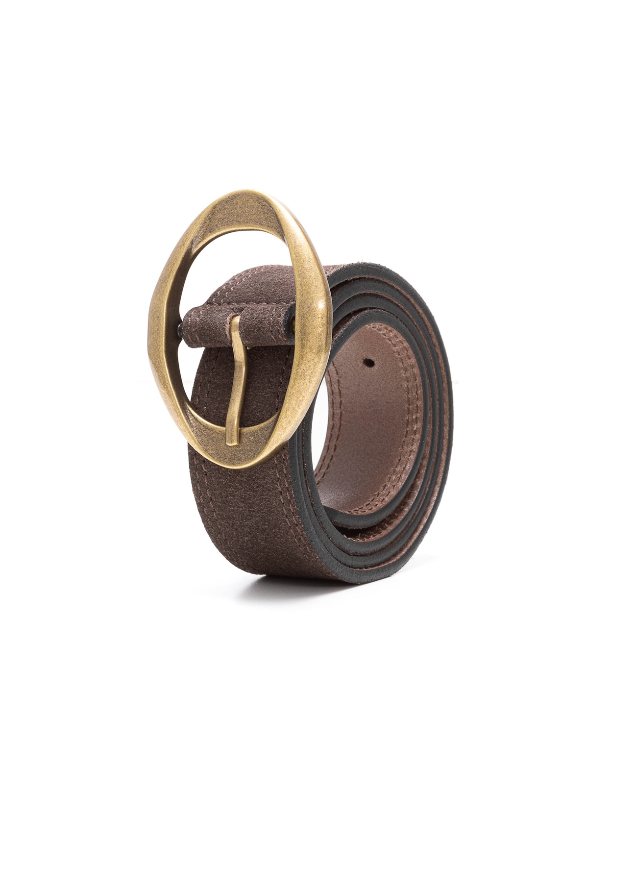 Chocolate suede women's belt PASDS-0318-90(Z25), diagonal product view on white background.