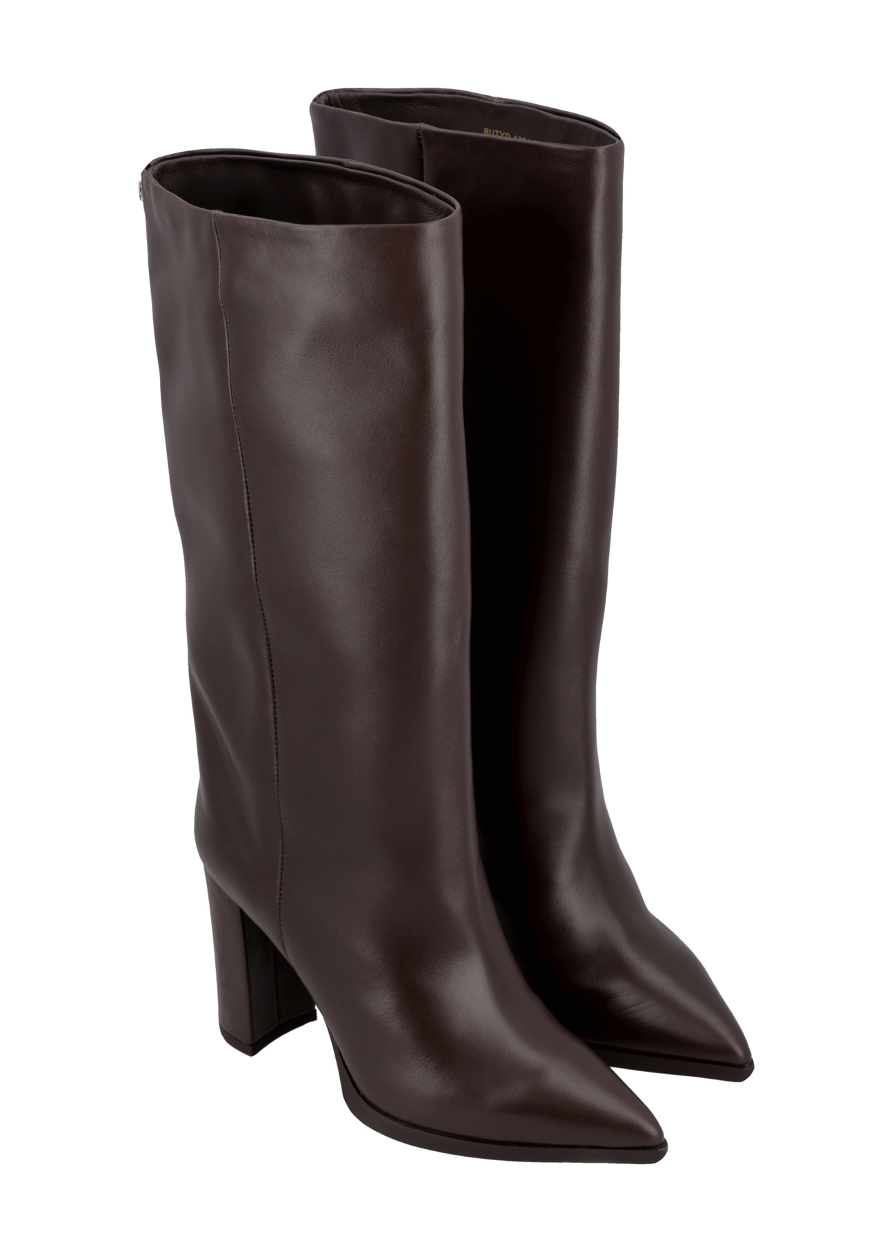 Dark brown leather women's boots BUTYD-1334-1I(Z26), diagonal product view on white background.