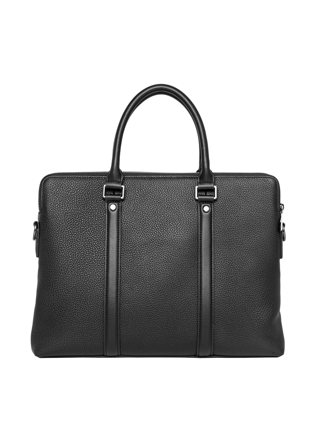 Black leather men's briefcase TORMS-0536-9I(Z26), product view from the back on a white background.