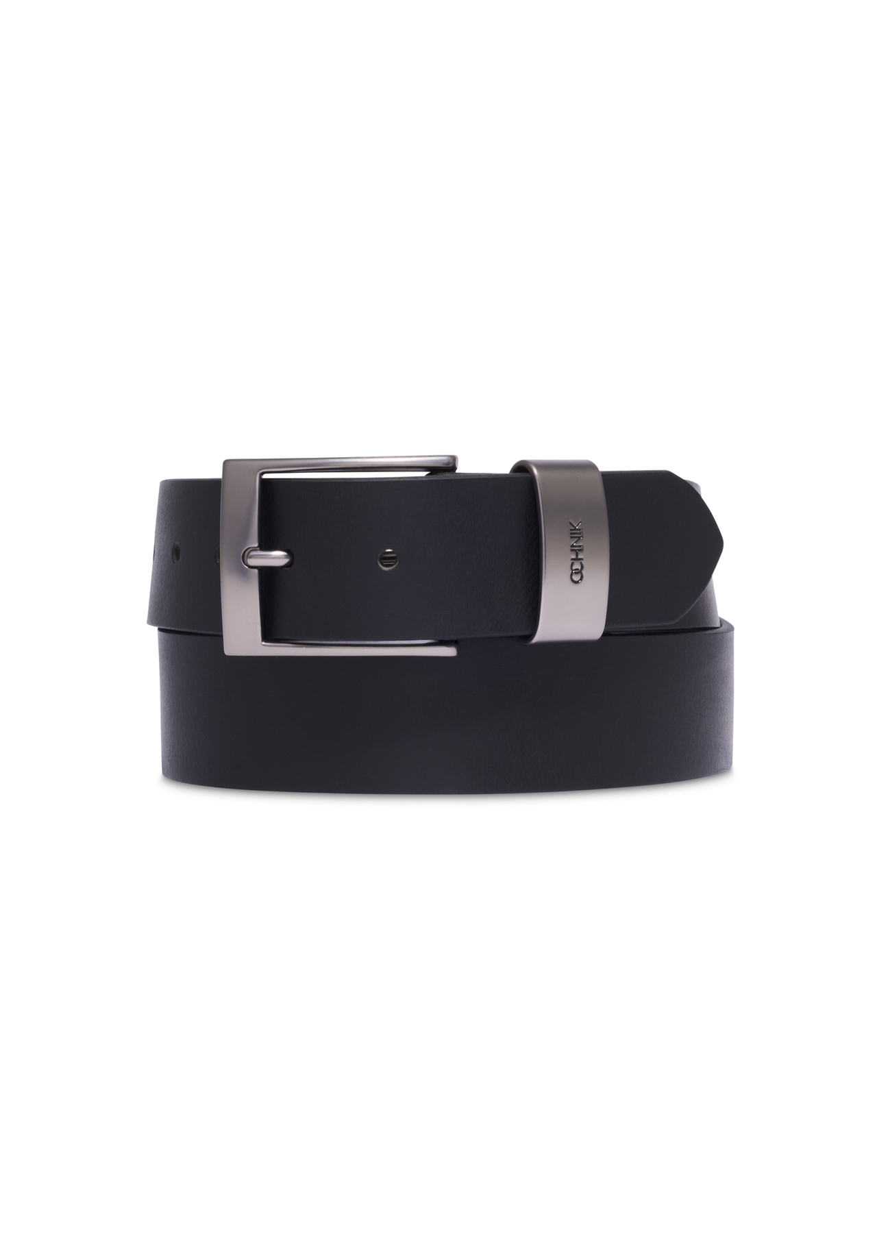 Men's smooth black leather belt PASMS-0163A-99(Z25), front view on a white background.