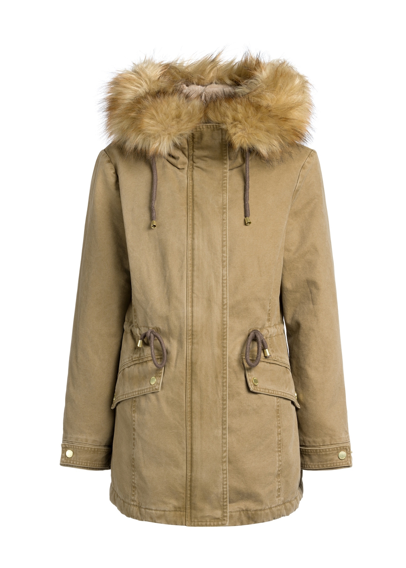 Beige women's jacket with fur KURDT-0612-81(Z25) - front product view on white background.