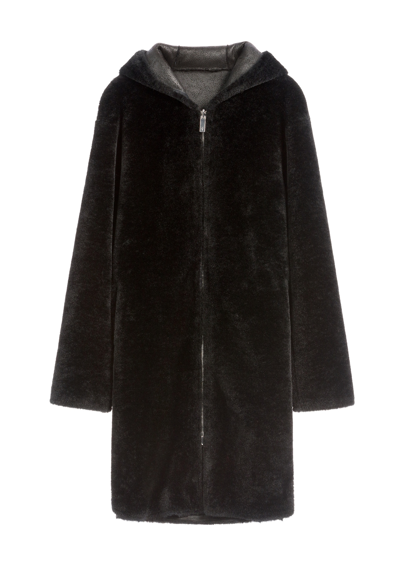 Women's black fur coat with hood FUTDP-0073-99(Z25) - front product view on white background.