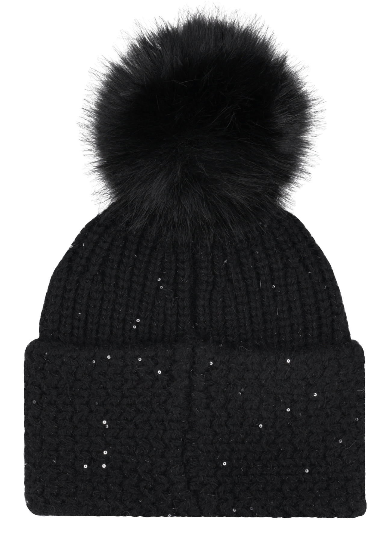 Black women's hat with pompom CZADT-0217-99(Z26), product view from the back on a white background.