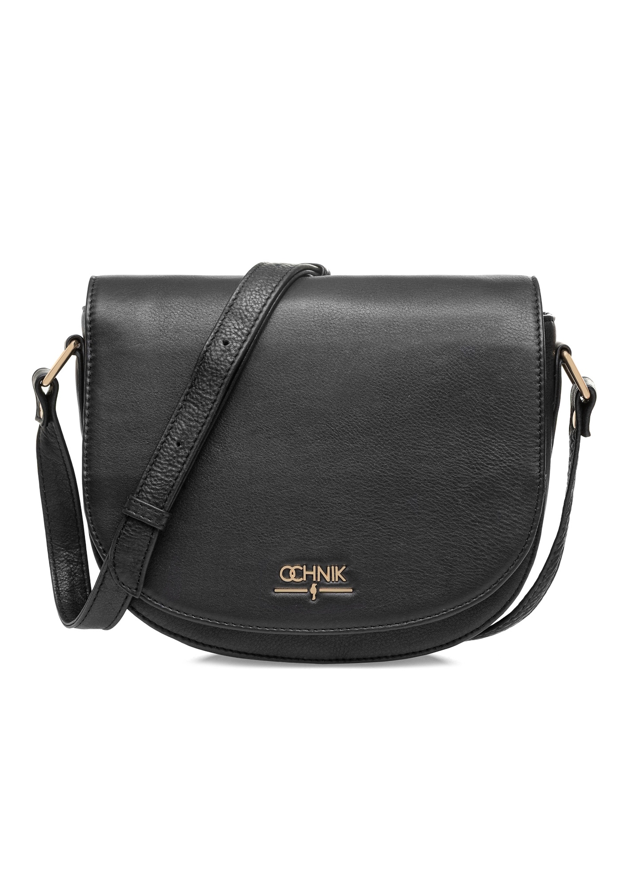 Black leather semi-circular messenger bag TORES-0972E-99(Z25), front product view on white background.