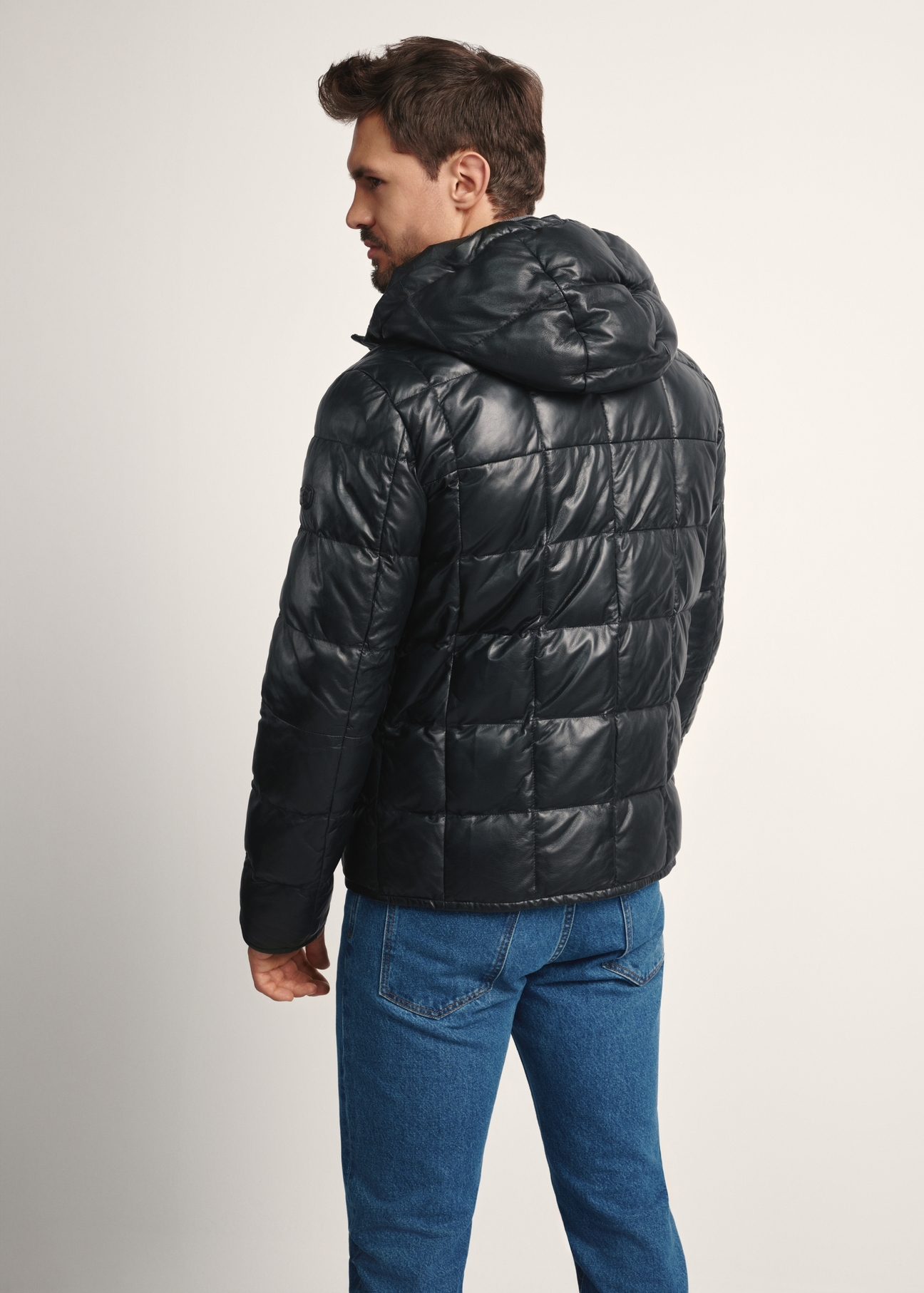 Men's black insulated leather jacket KURMS-0376-1127(Z25) - product view from the back on a white background. Half of the silhouette visible.