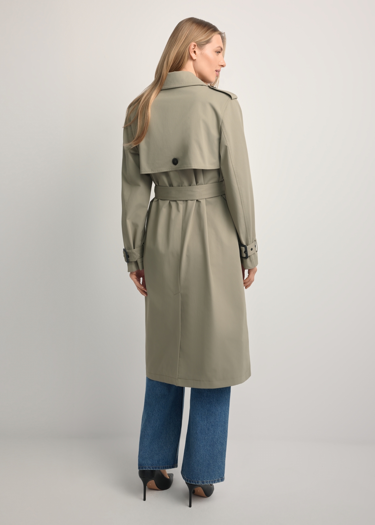Long sage women's coat KURDT-0512-8F(W26), product view from the back on the model. Full body visible.