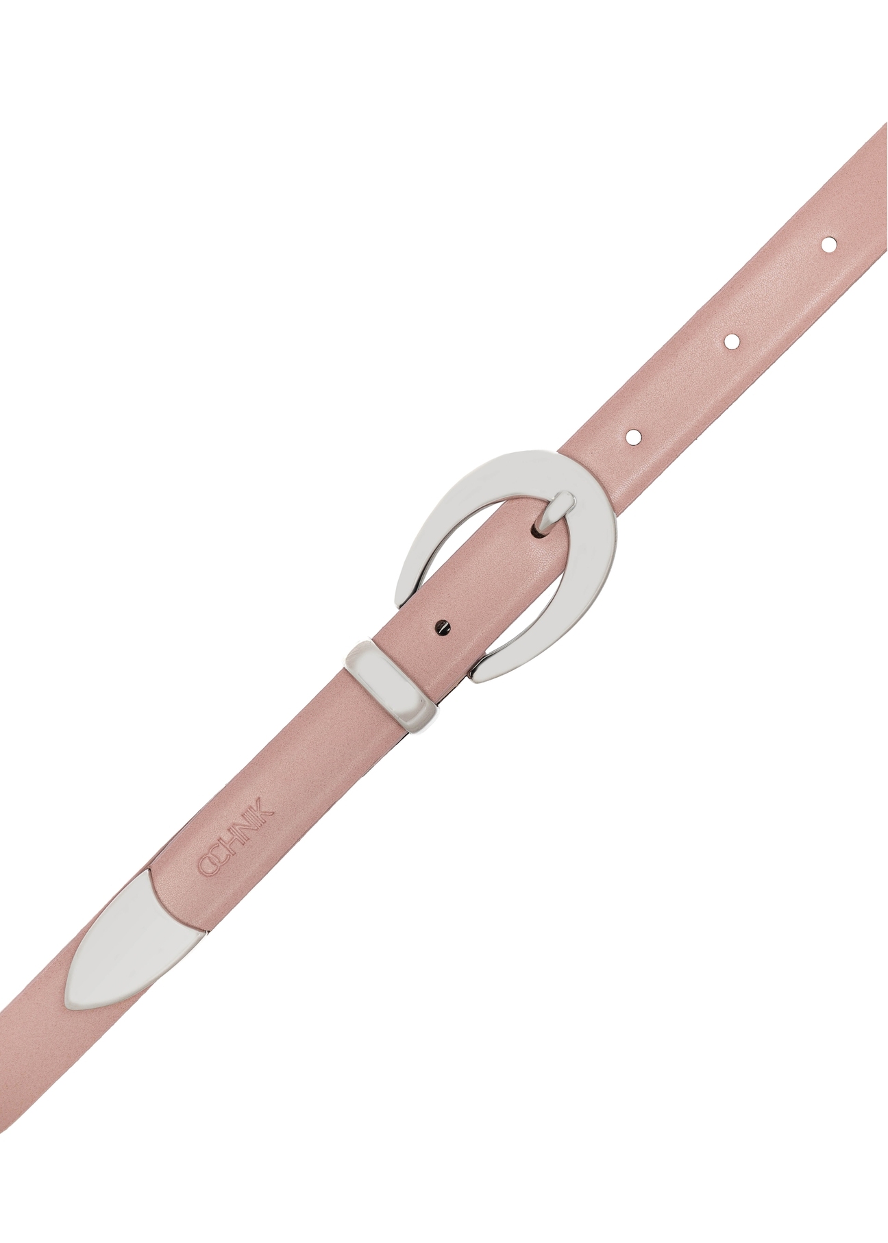 Pink women's leather belt PASDS-0325-31(W25) - view of the fastened product on a white background.