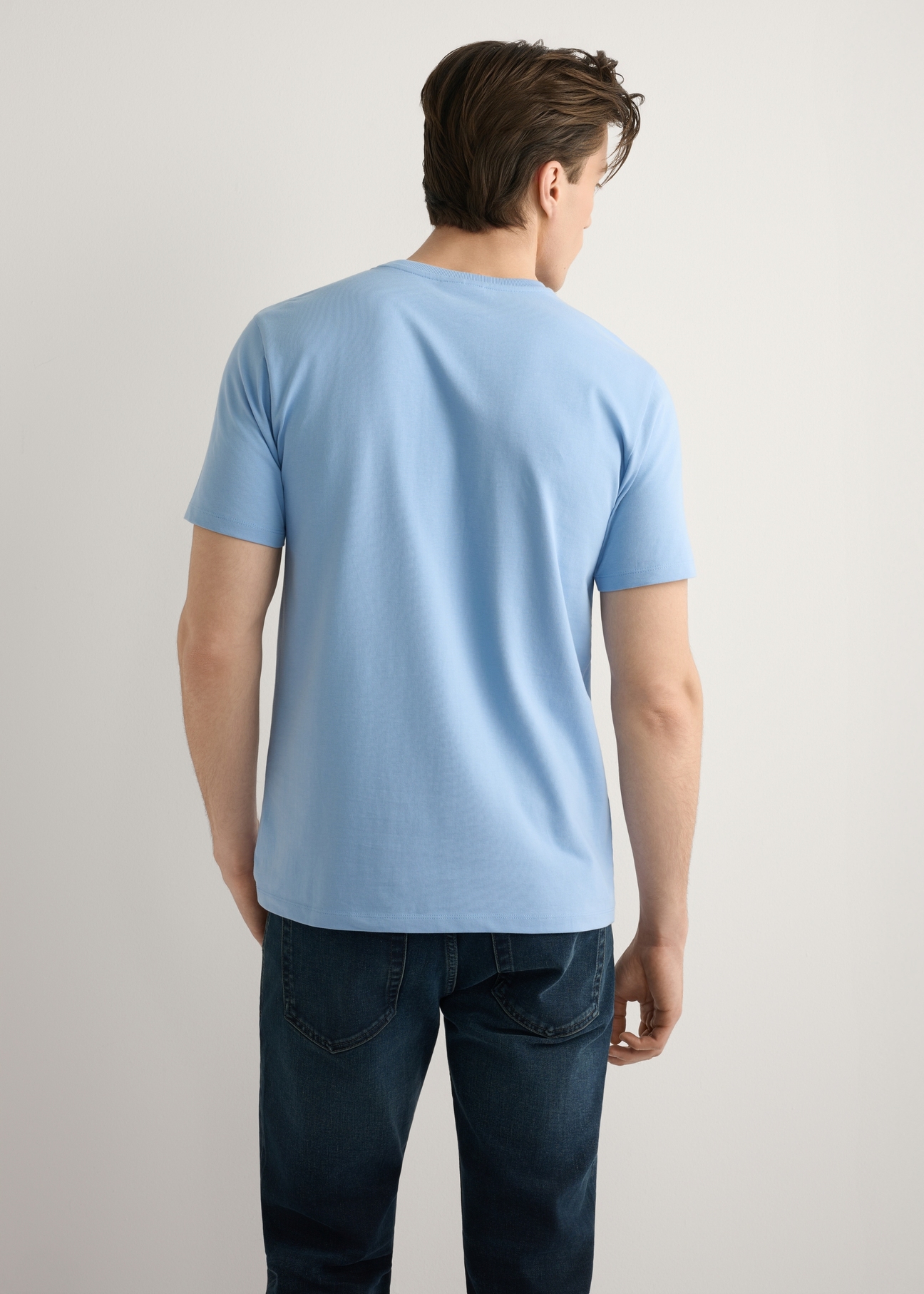 Blue men's T-shirt TSHMT-0137-7B(W26), product view from the back on the model, half of the silhouette visible.