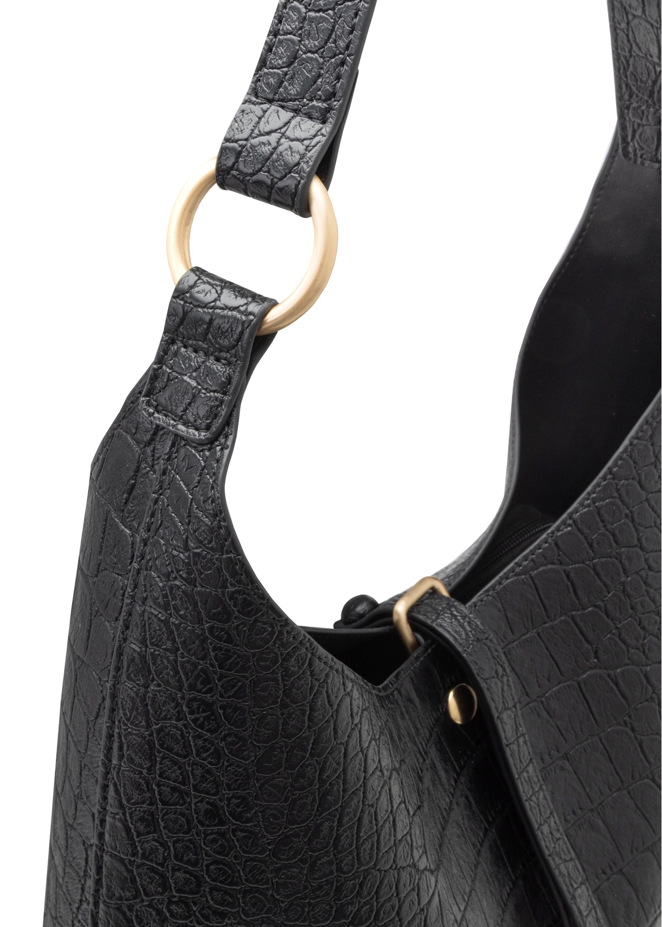 Black women's handbag with croco motif TOREC-1170-9G(W26), close-up of the product detail on a white background.