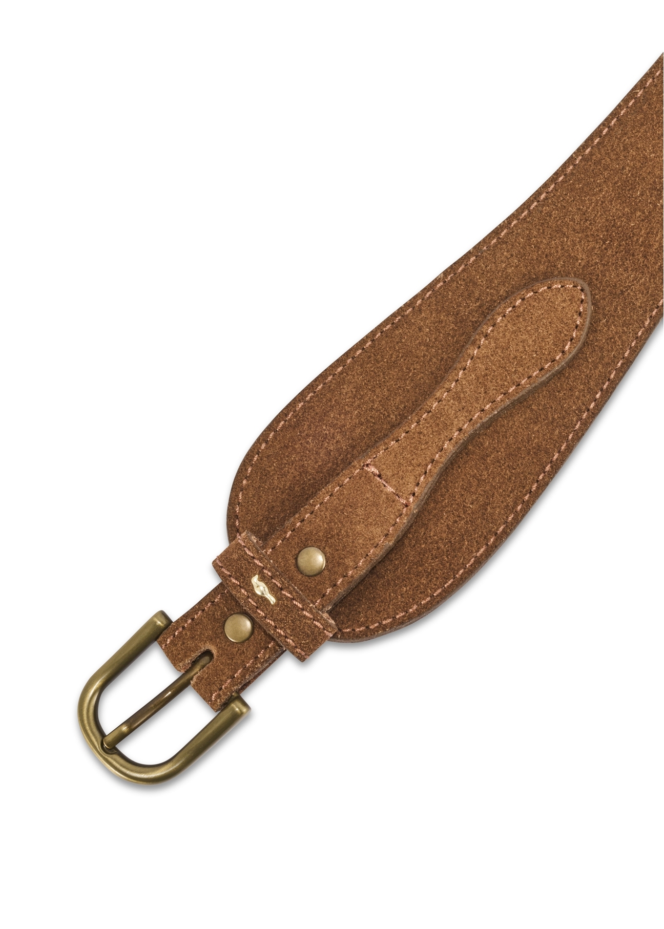 Brown suede women's belt PASDS-0330-89(Z25), view of the buckle of the product on a white background.