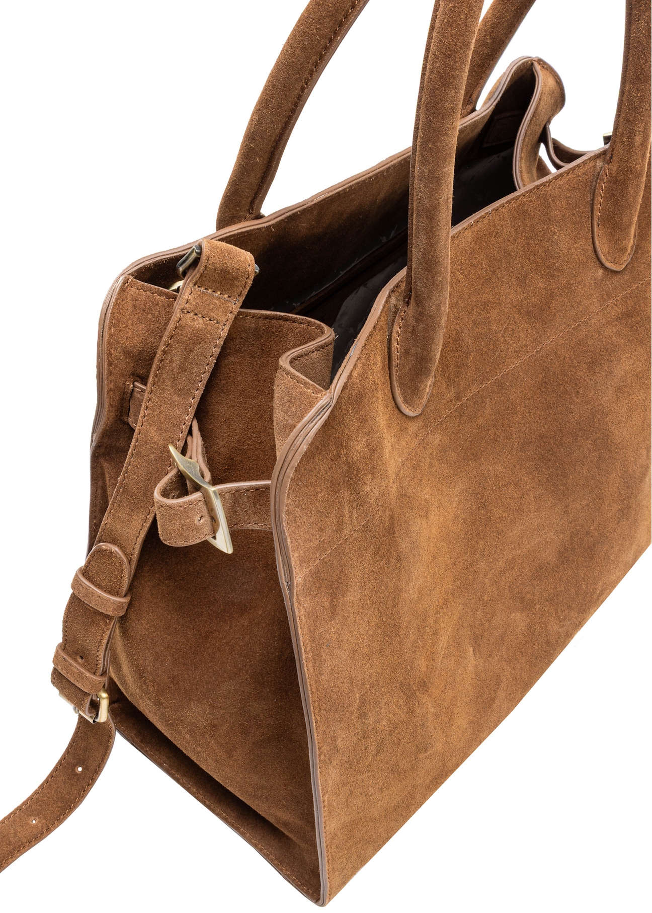 Cognac-colored suede handbag TORES-1191-88(Z25), close-up of the product detail on a white background.