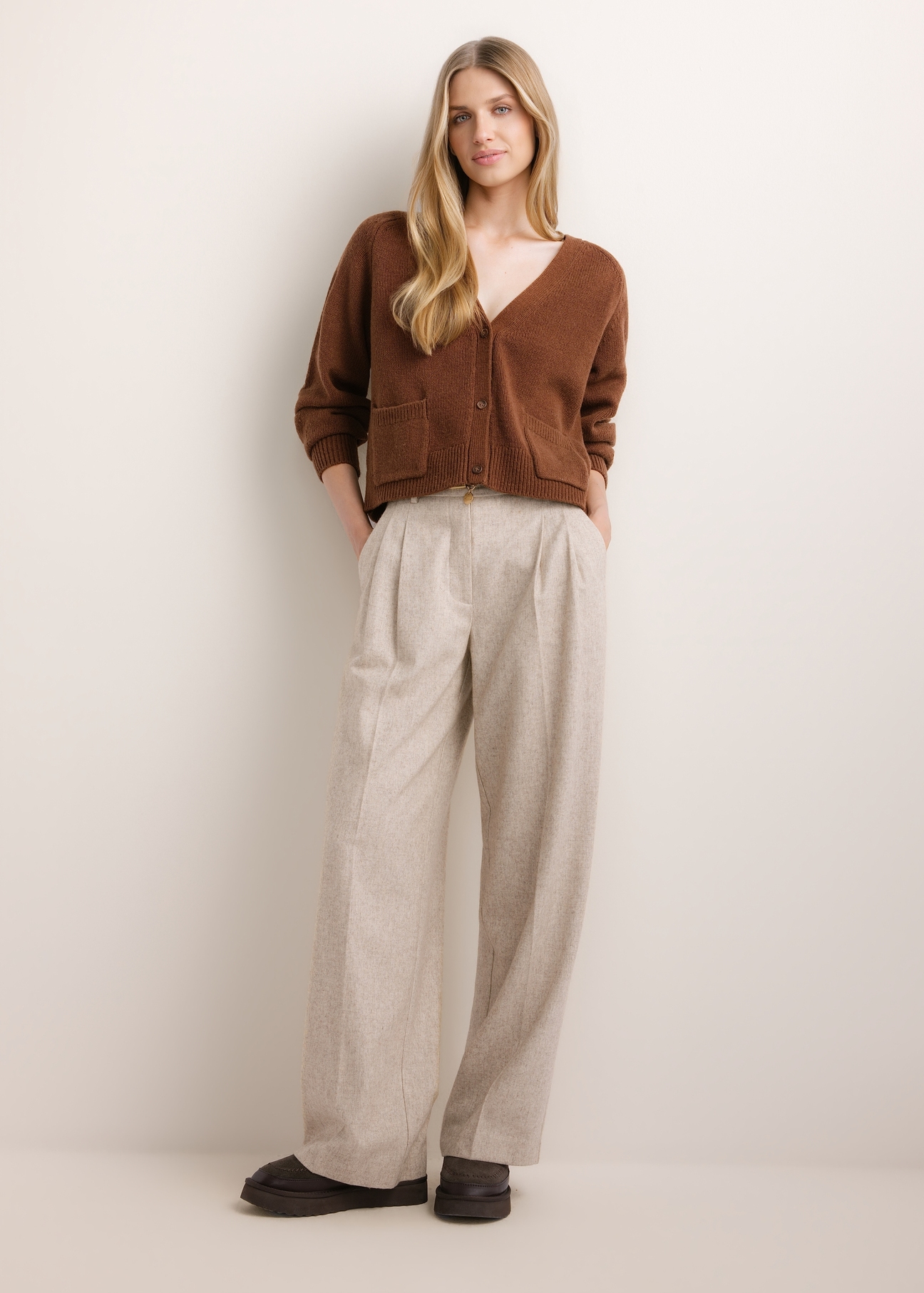 Women's brown wool cardigan KARDT-0071-1H(Z26), front view of the product on the model. Full body visible.
