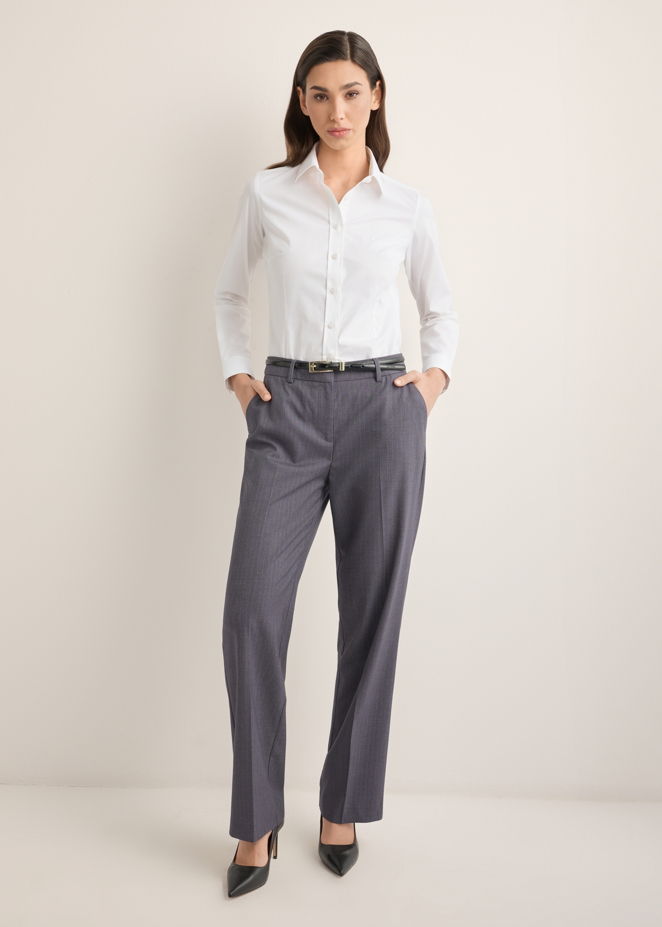 Women's white cotton shirt KOSDT-0190-0A(Z26), front view of the product on the model, the whole silhouette is visible.