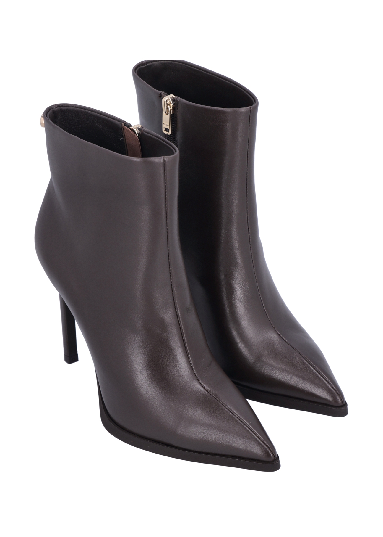 Dark brown leather high heel ankle boots BUTYD-1207-1I(Z26), diagonal product view on white background.
