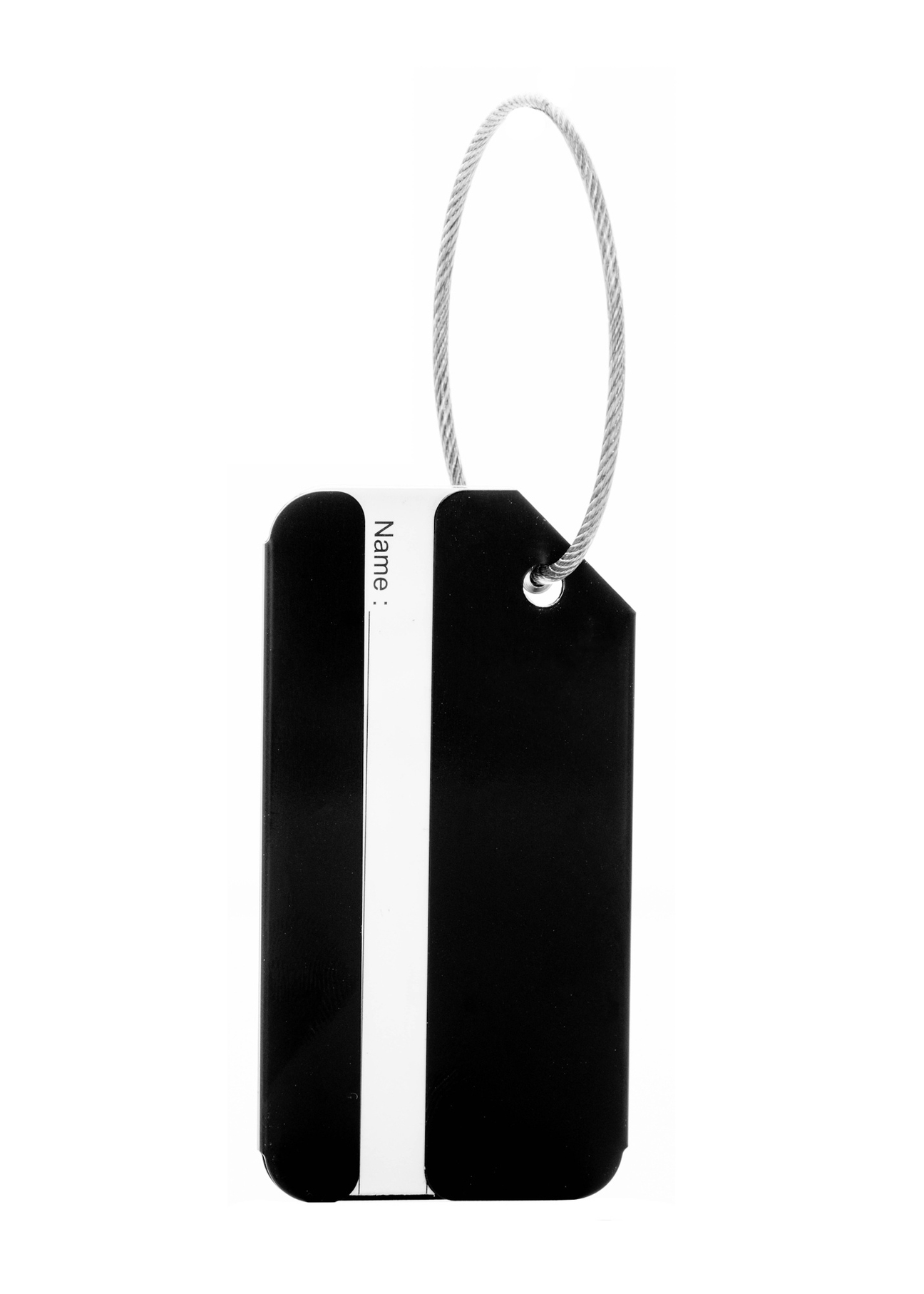 Black luggage tag AW-012-0003-99(W26), product back view on white background.