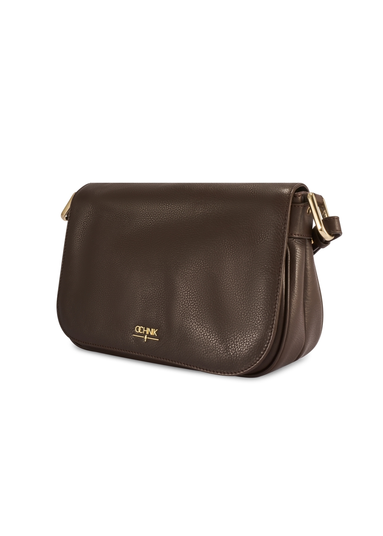 Brown leather women's messenger bag TORES-1253-1I(W26), diagonal product view on white background.