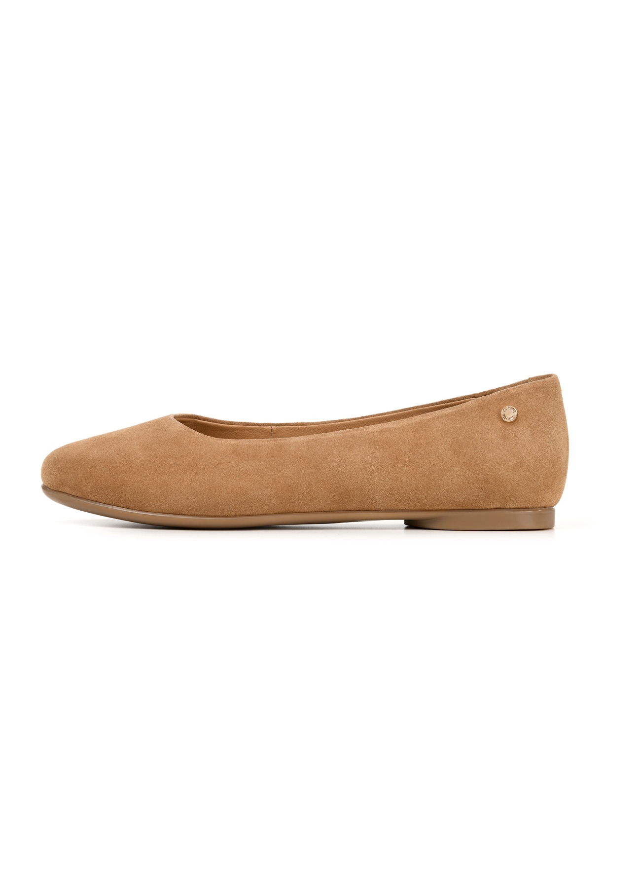 Women's suede ballet flats in beige color BUTYD-1247-1B(W26), side view of the product on a white background.