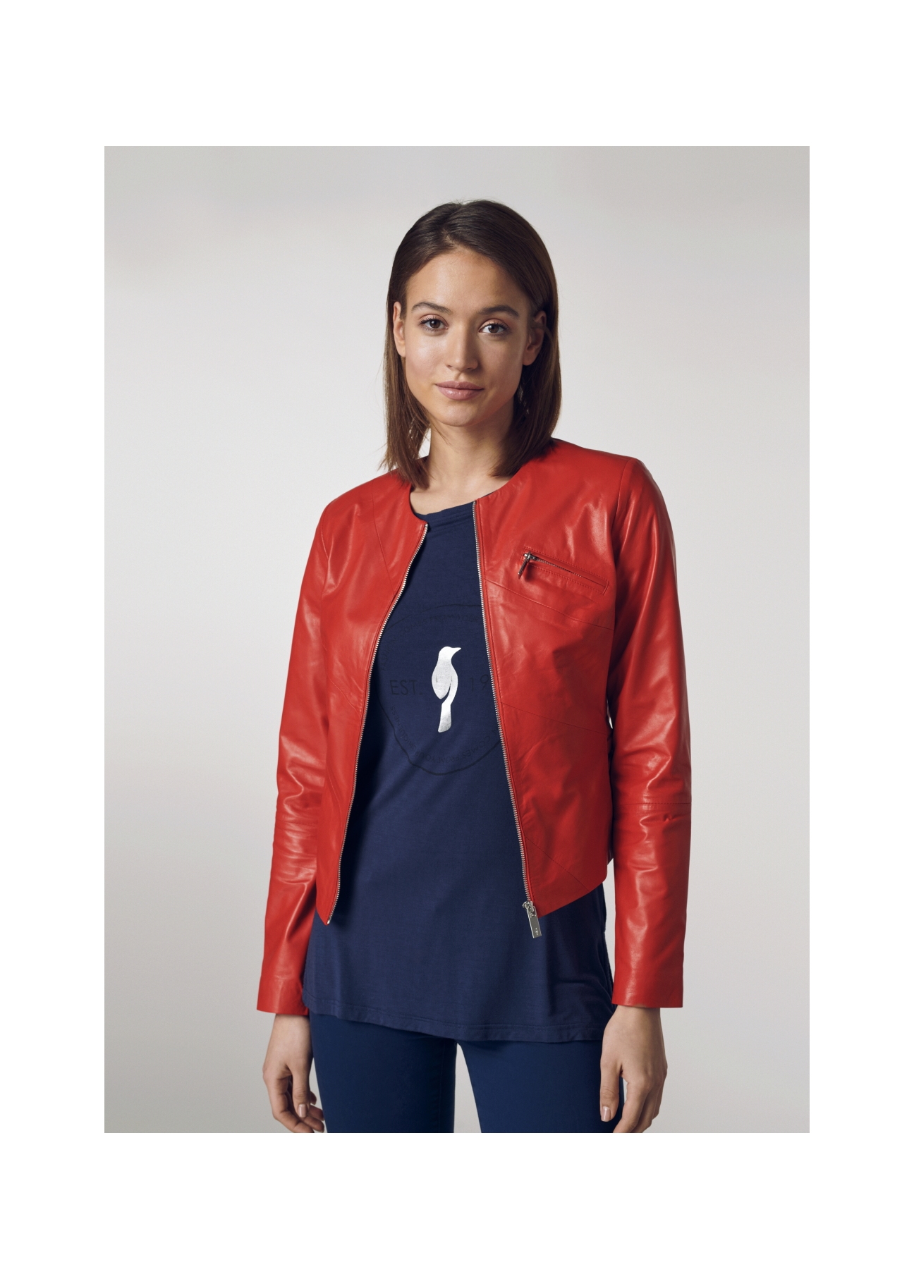 Red waisted leather jacket for women KURDS-0155-1094(W21)-01