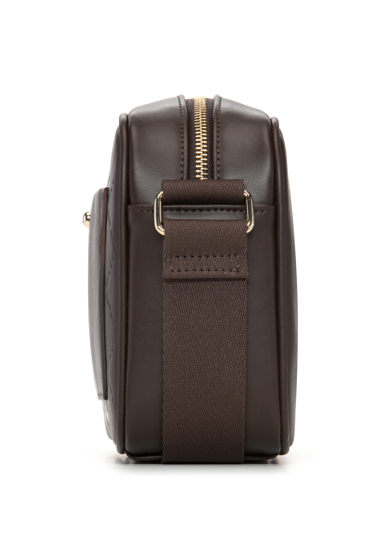 Brown women's handbag with monogram TOREC-1290-1I(Z26), product view from the side on a white background.