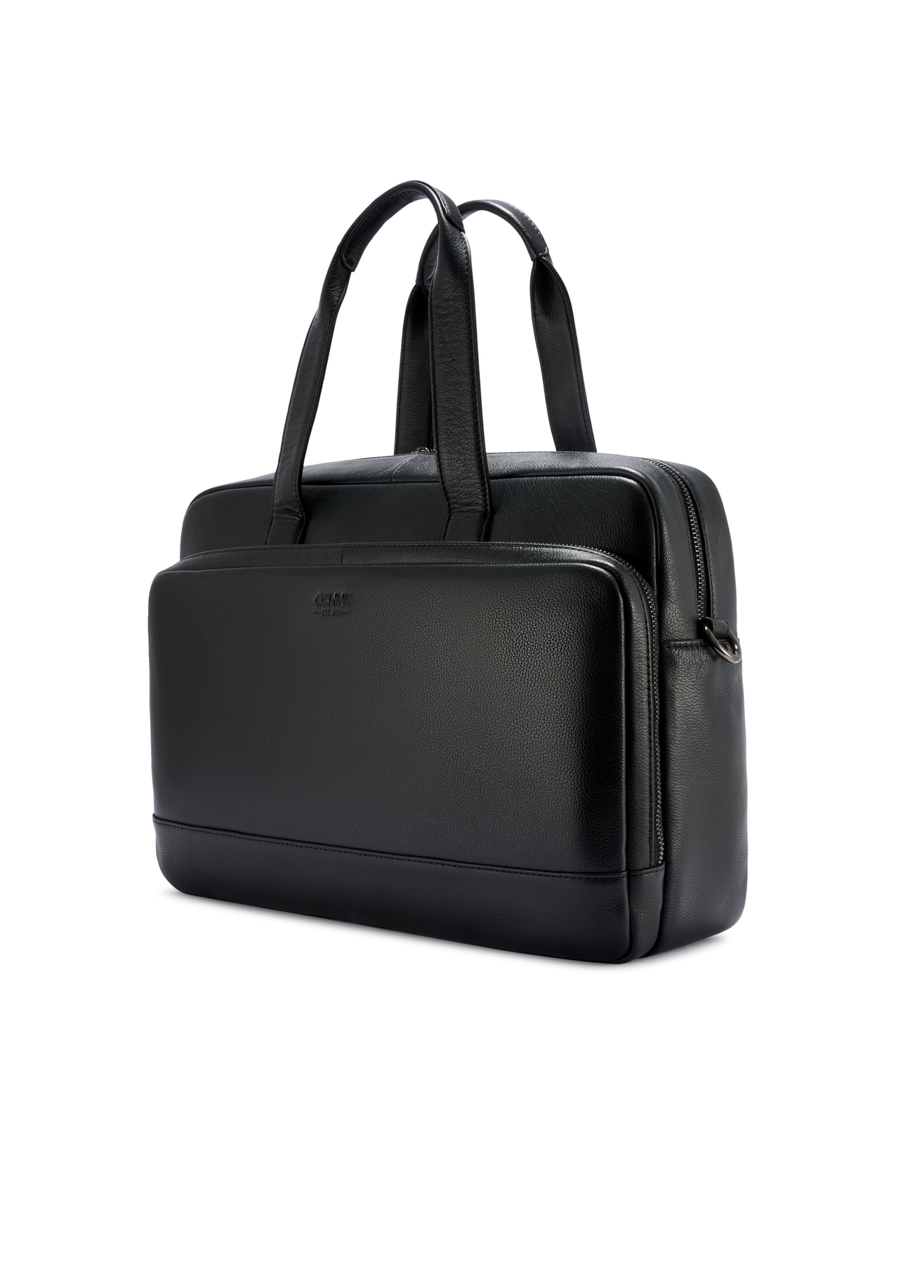 Black leather men's bag TORMS-0488R-9I(W26), diagonal product view on white background.
