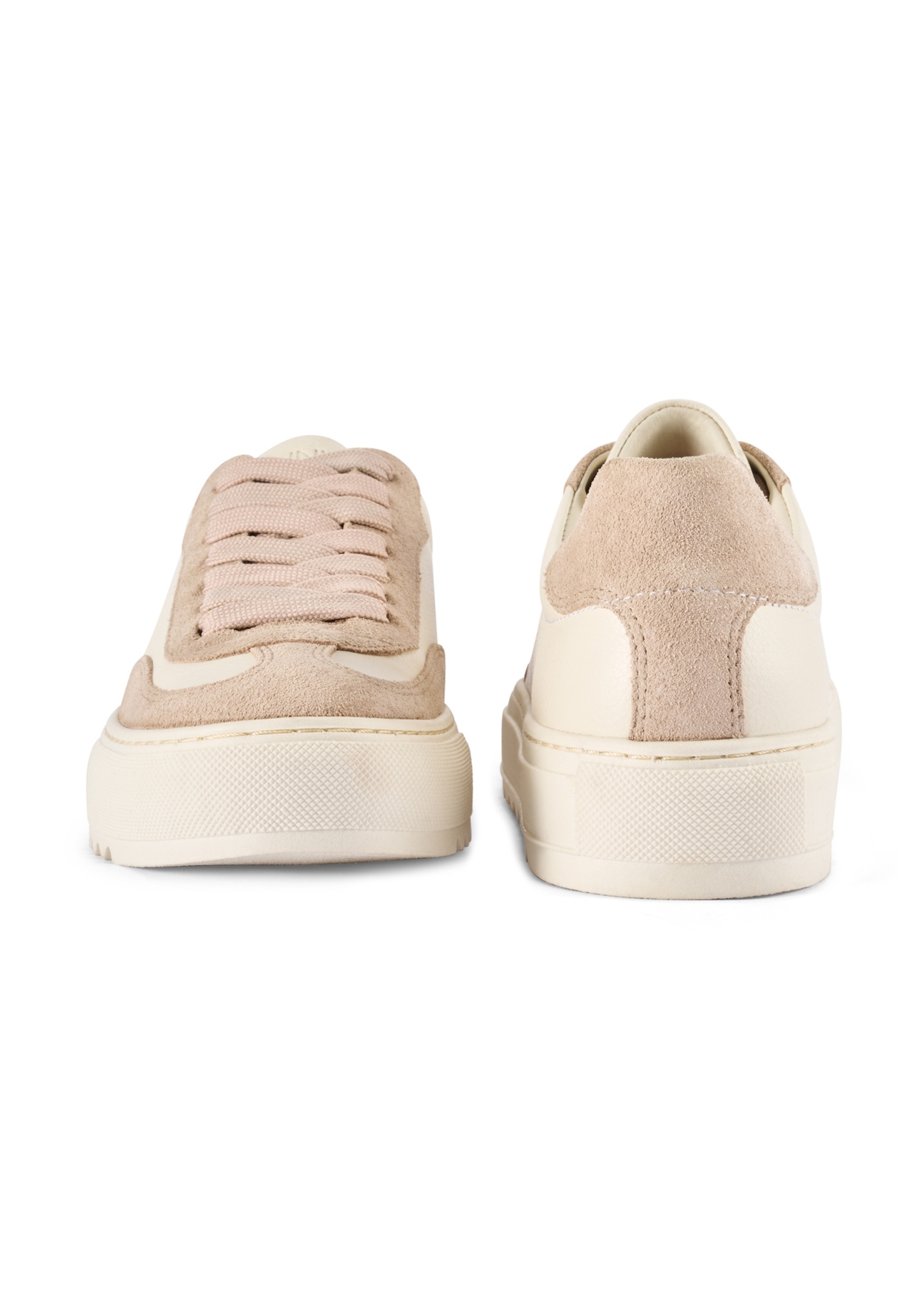 Cream-colored women's leather sneakers BUTYD-1260-0B(W26), front and back product view on a white background.