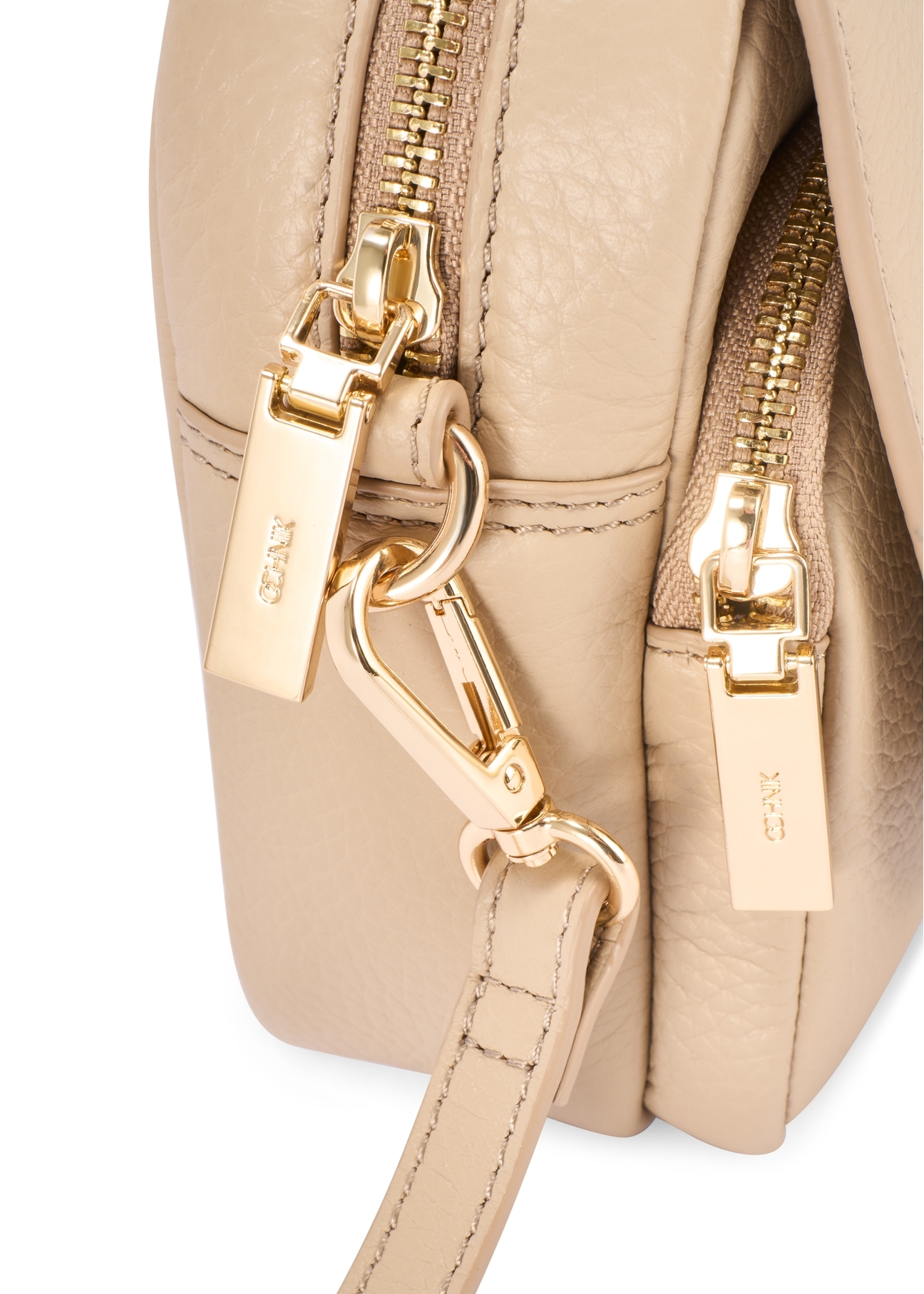 Beige leather women's messenger bag TORES-0958E-1B(W26) - close-up detail, on white background.