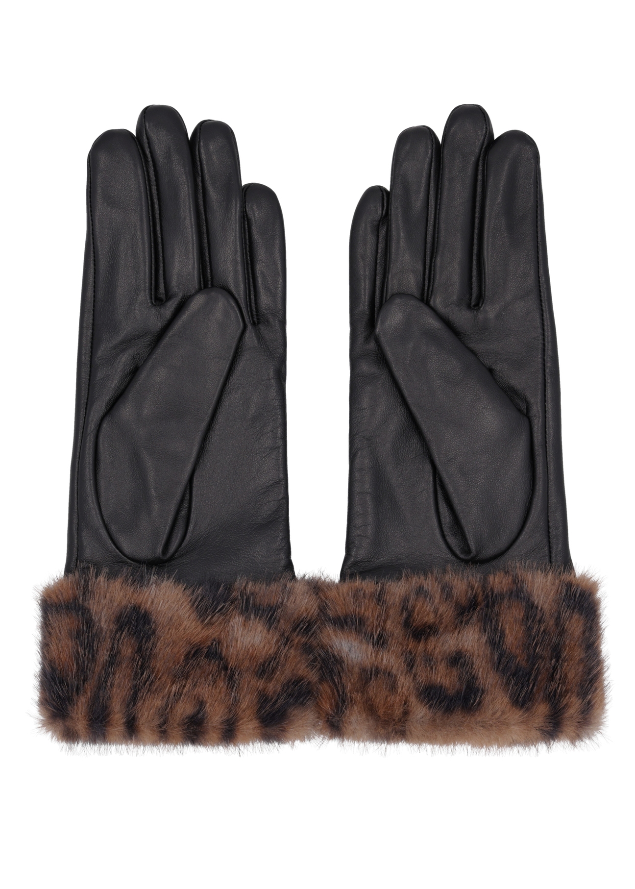 Women's black leather gloves with fur REKDS-0110-99(Z26), product view from above on white background.