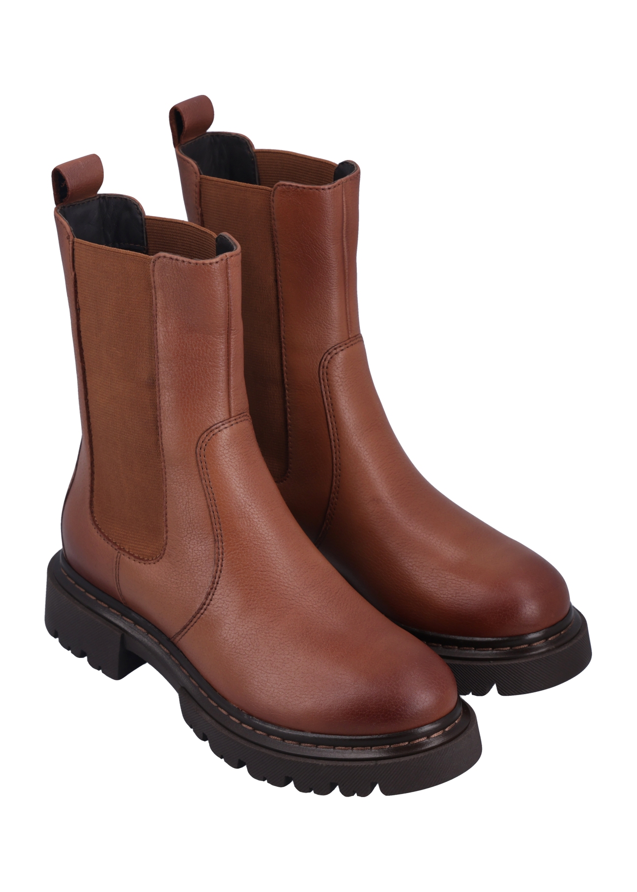 Women's cognac leather Chelsea boots BUTYD-1092-1F(Z26), diagonal product view on a white background.