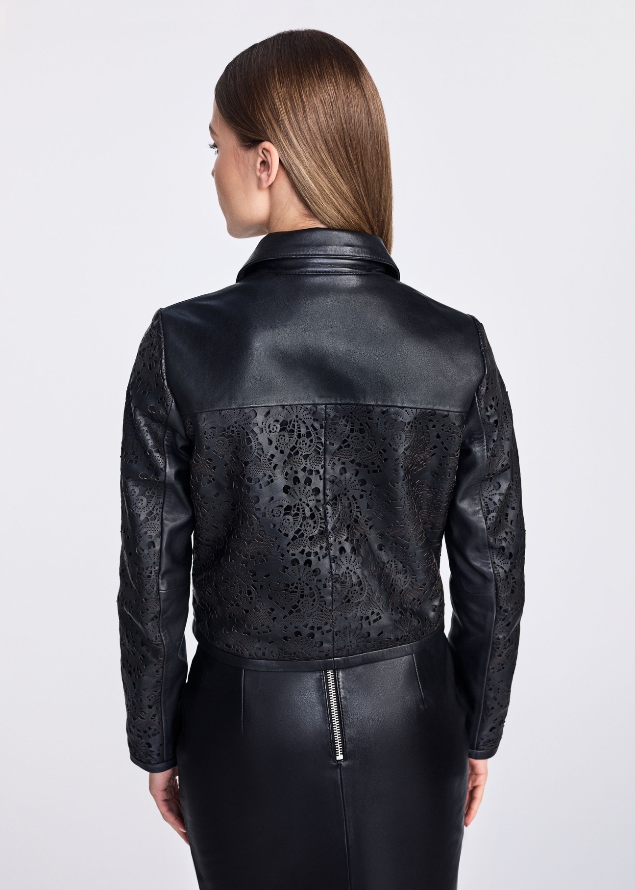 Women's short leather jacket with patterns KURDS-0535-5619(W25)-04