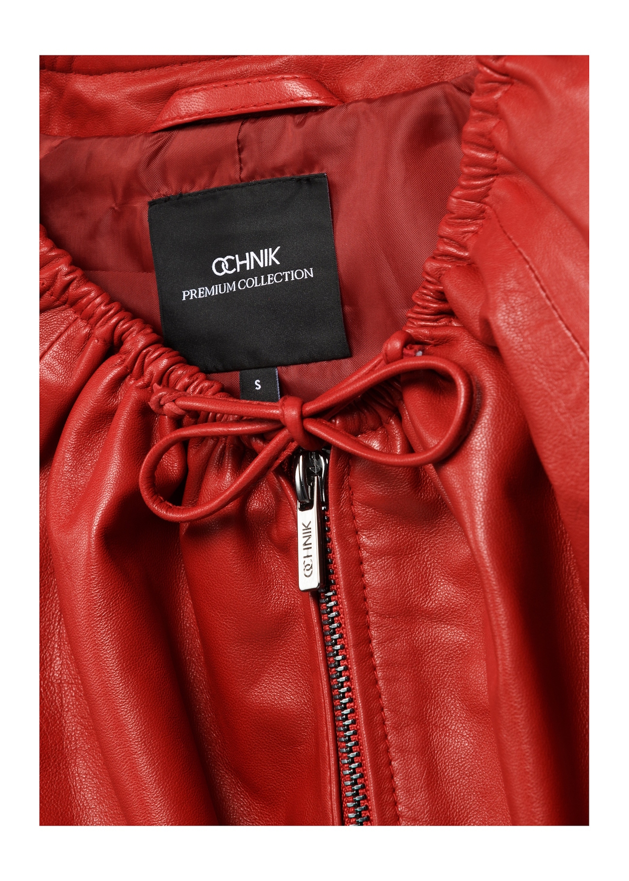 Women's red leather jacket KURDS-0588-4B(W26), close-up of the product detail on a white background.