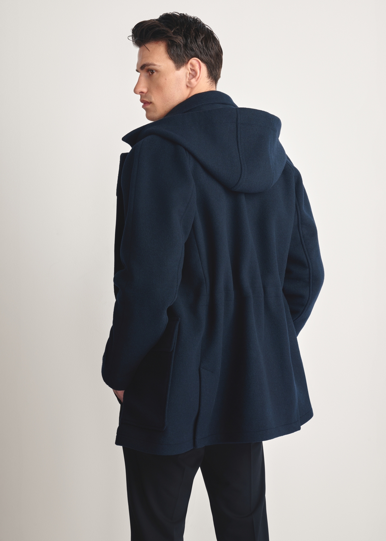 Men's navy blue coat PLAMT-0007-69(Z25) - back view of the product on a white background. Half of the silhouette visible.