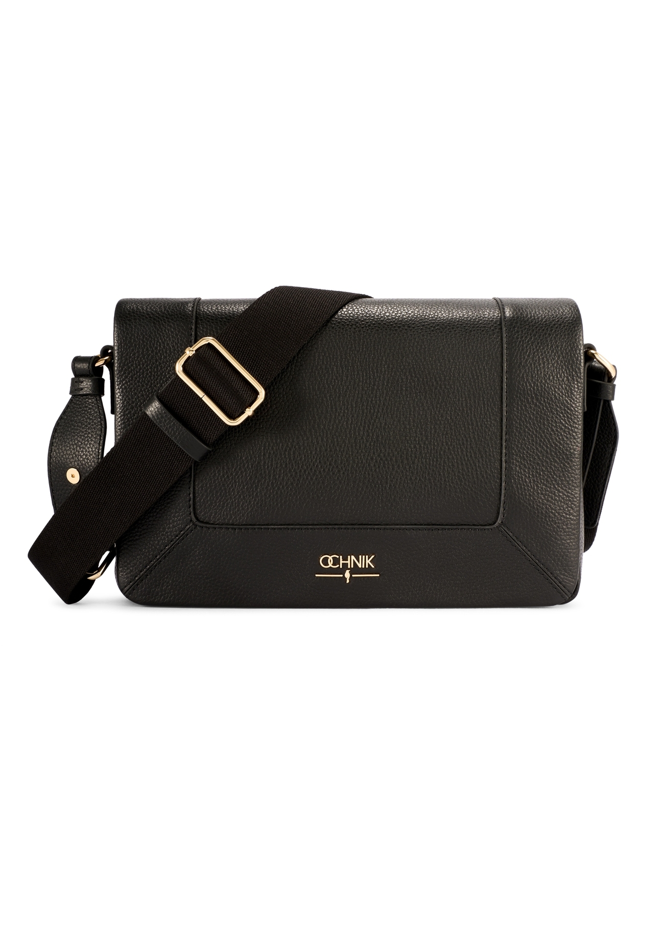 Black leather messenger bag TORES-1266-9I(W26) - front product view, on white background.