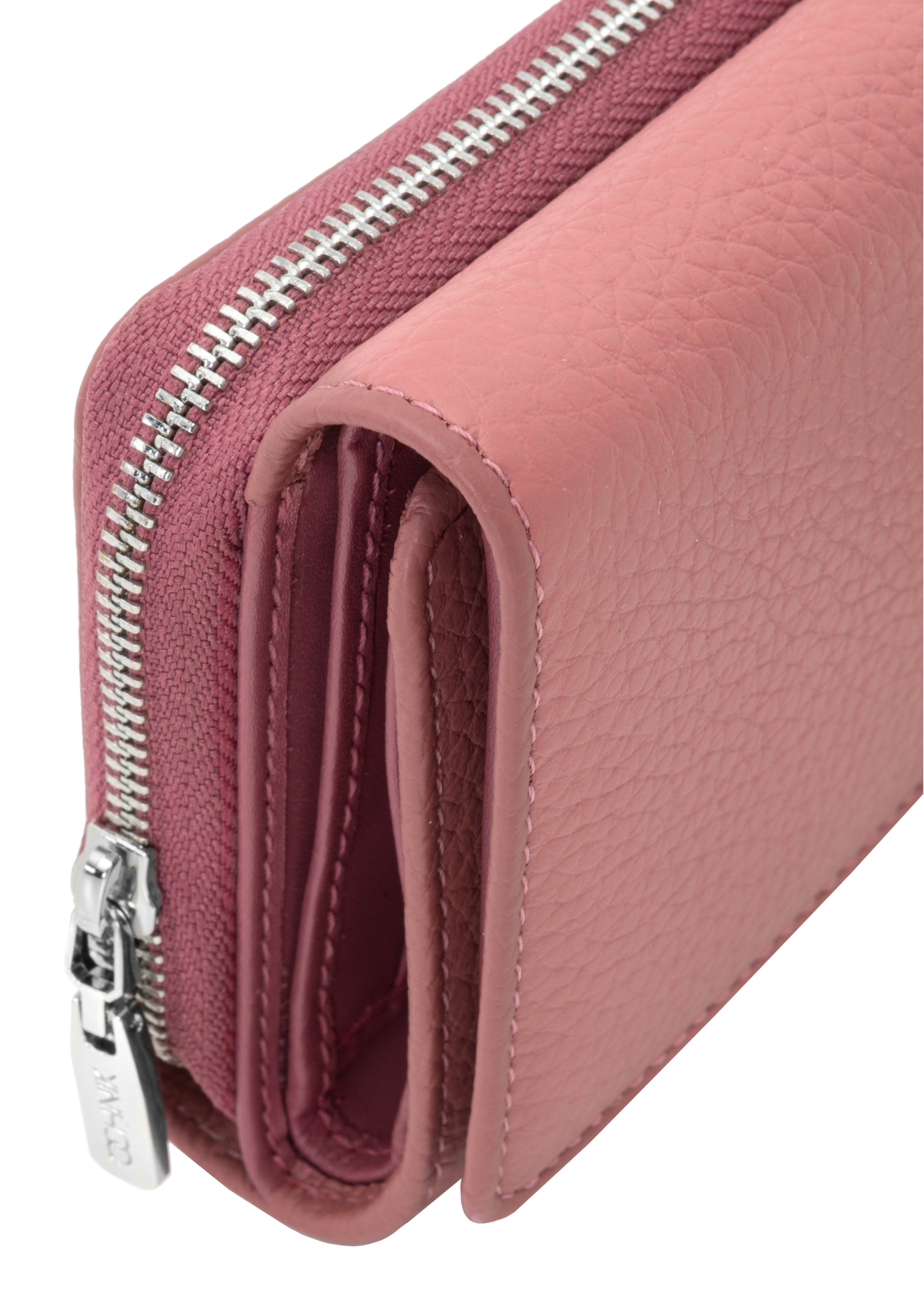 Pink leather medium women's wallet PORES-0801G-31(Z25), close-up of product detail, view on white background.
