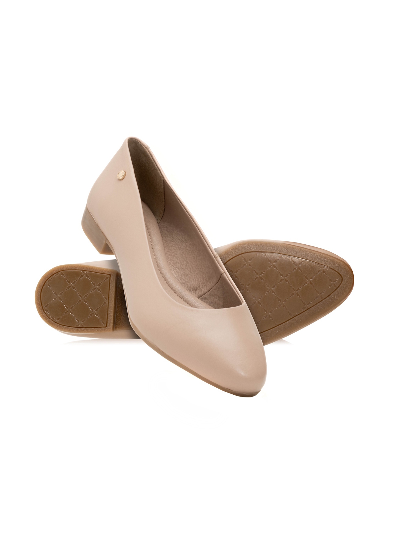 Dark beige leather women's ballet flats BUTYD-1049A-82(Z25), diagonal product view on white background.