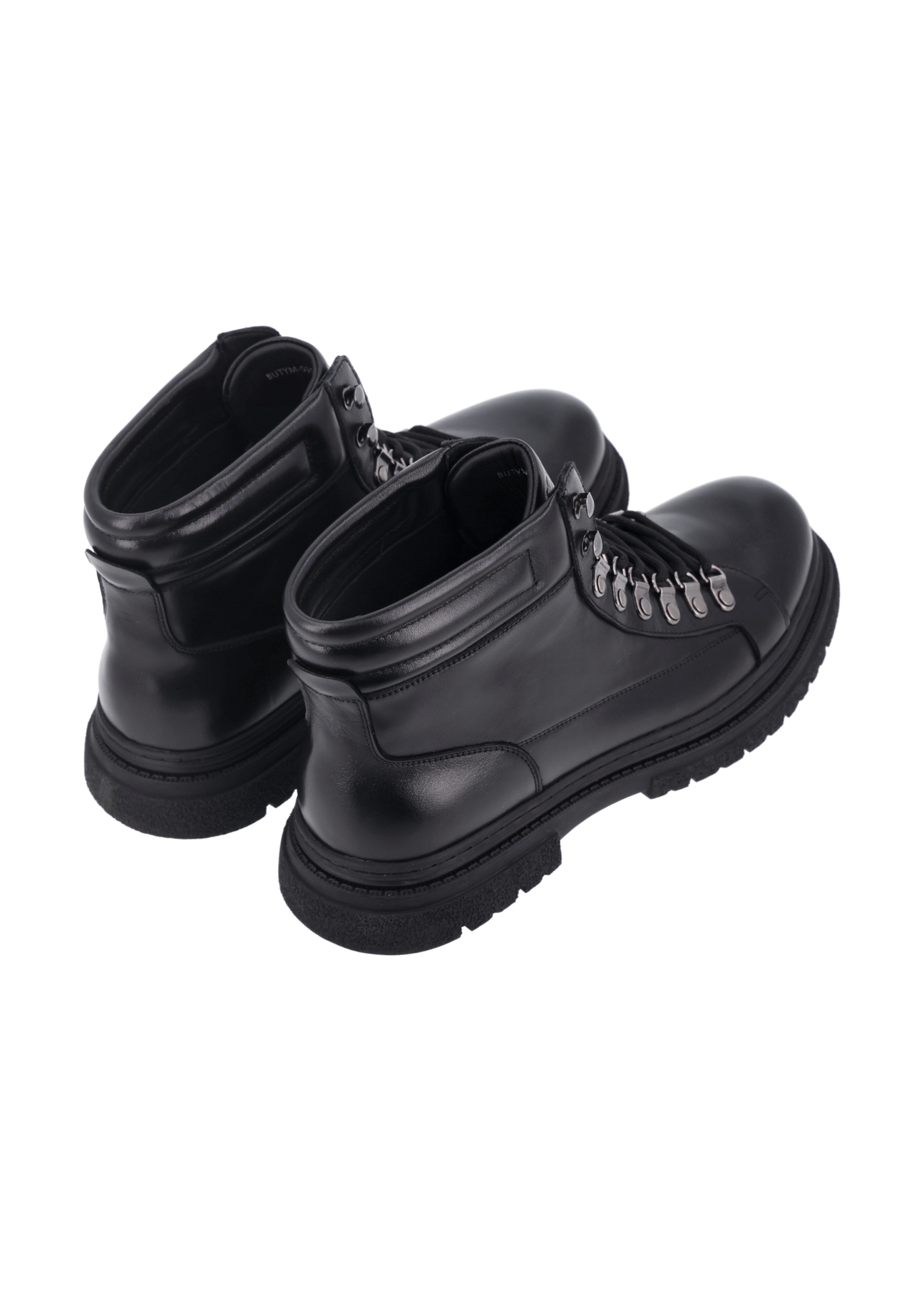 Men's black leather ankle boots BUTYM-0557-99(Z26), back view of the product on a white background.