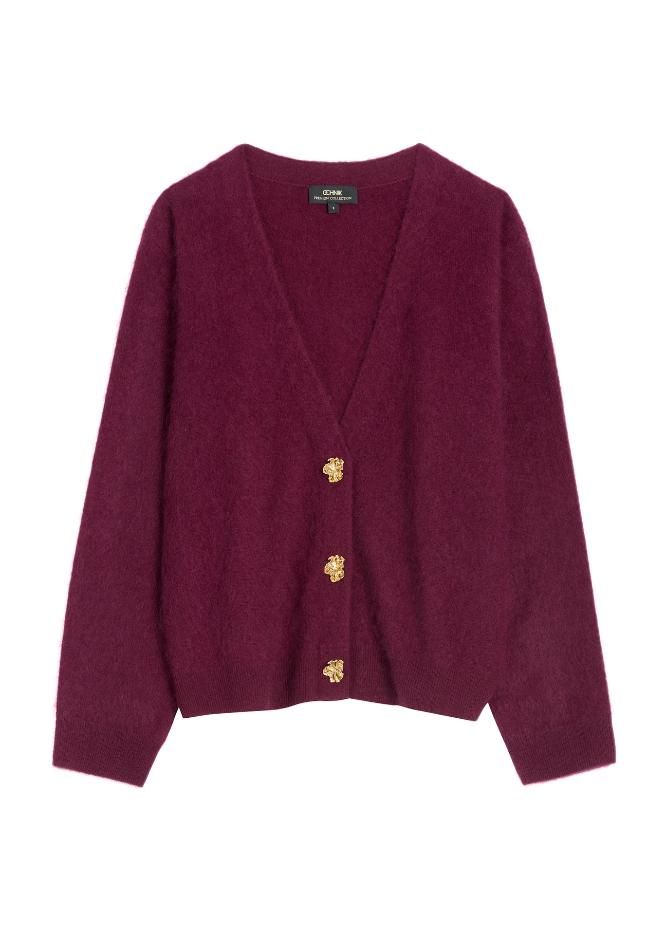 Burgundy woolen women's cardigan KARDT-0064-4D(Z26), front product view on white background.