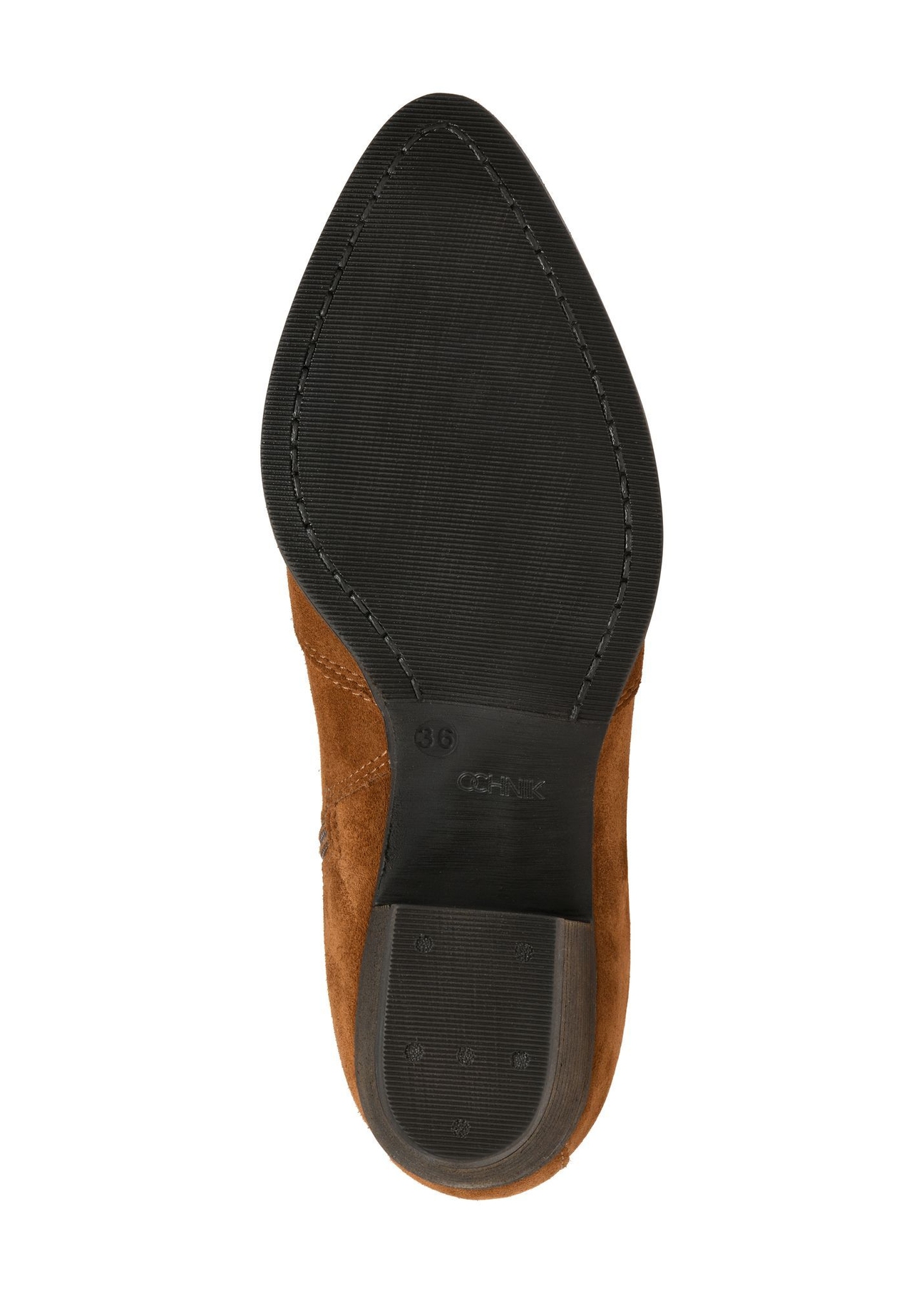 Women's suede ankle boots in cognac color BUTYD-1005A-87(Z25), view of the sole of the product on a white background.