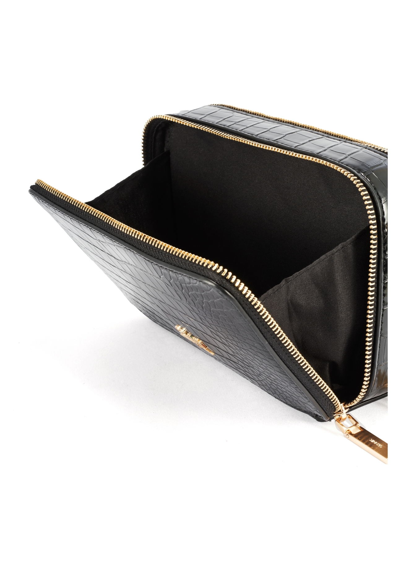 Black small women's croco handbag TOREC-1049-99(Z25), product view from the inside on a white background.