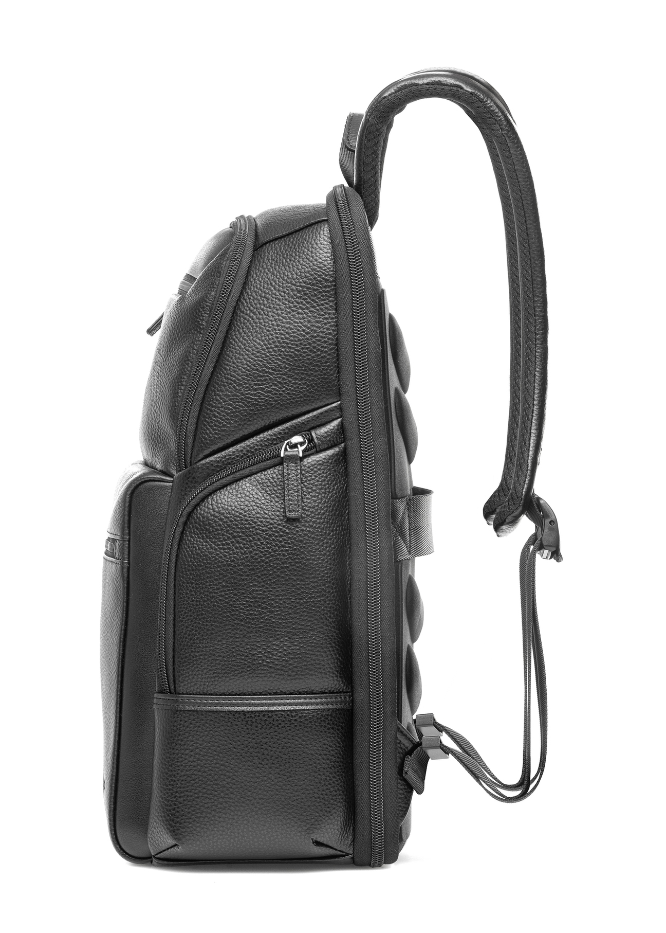 Black spacious leather backpack PLCMS-0023-99(Z25), product view from the side on a white background.